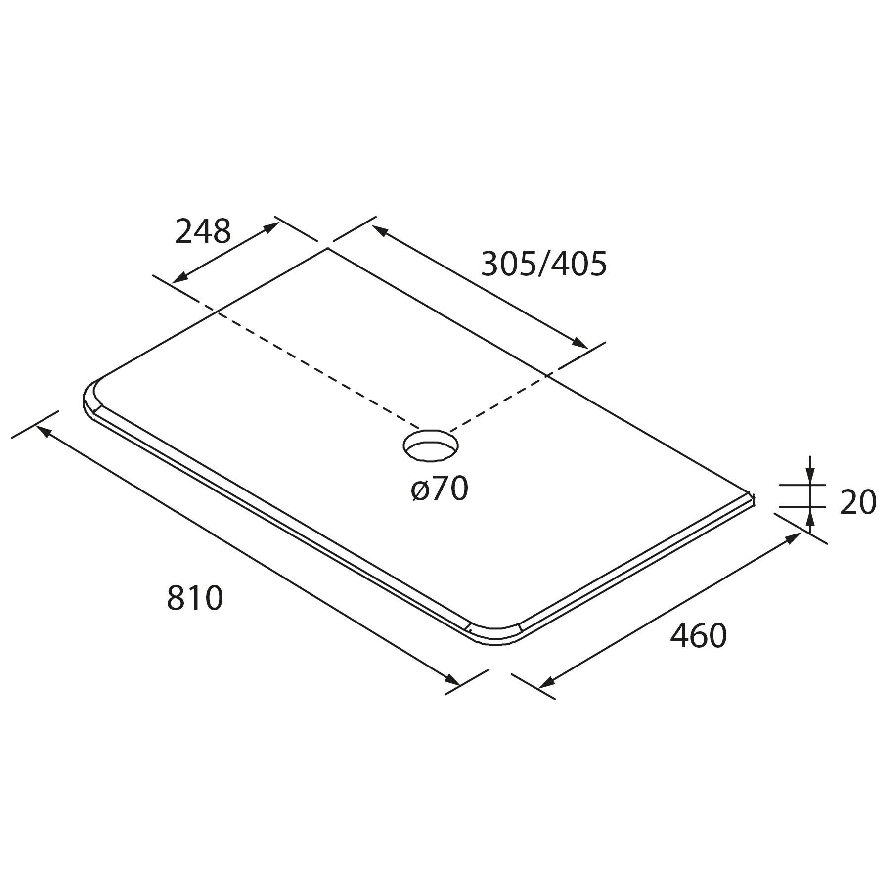 Rechteckiges Tablett mit abgerundeten Kanten, Abmessungen beschriftet: 810x460x20mm. Ausgestattet mit zentralem kreisrunden Loch von 70mm Durchmesser.