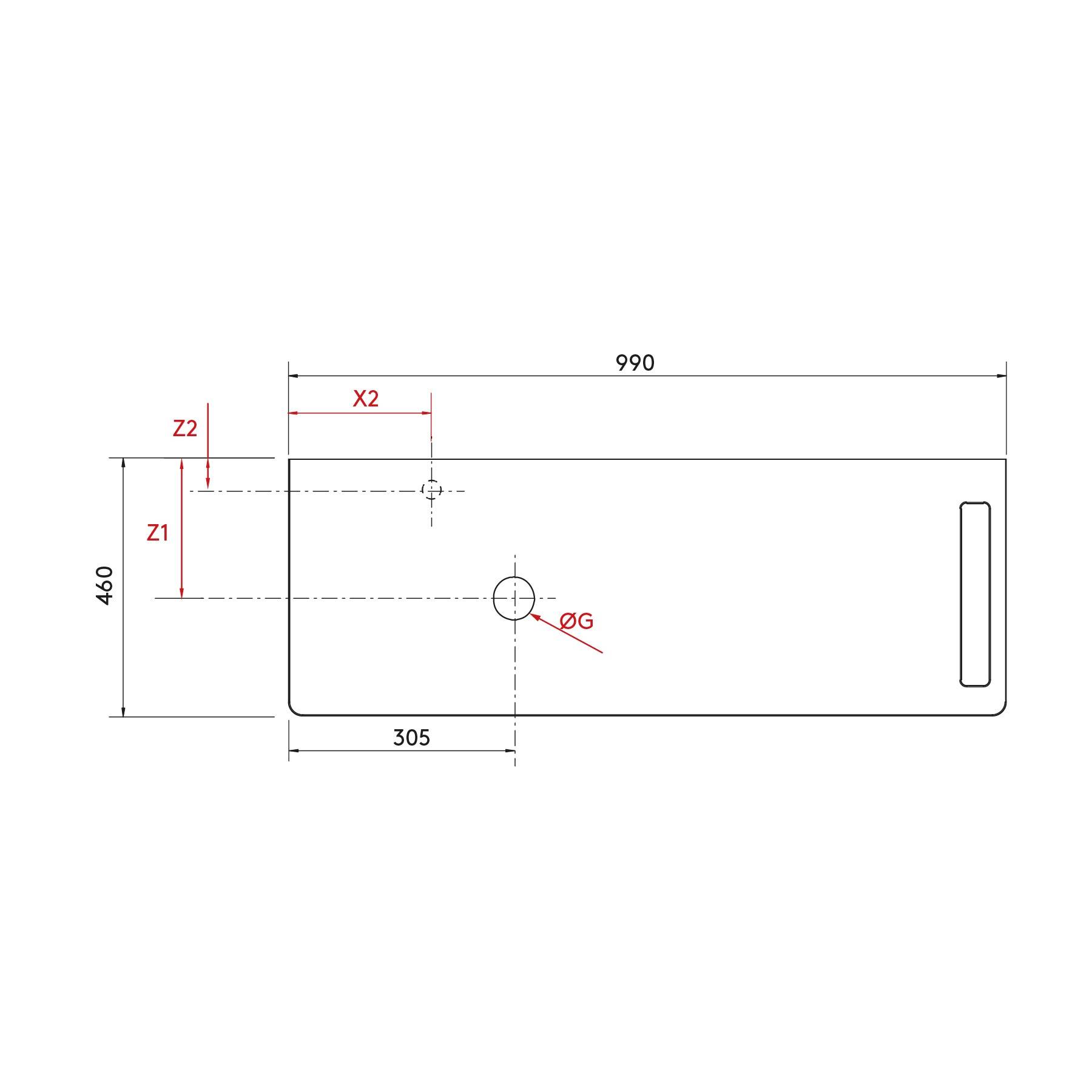 Technische Zeichnung eines rechteckigen Objekts mit beschrifteten Abmessungen: 990 mm x 460 mm, Lochabstand markiert und 305 mm vom linken Rand entfernt.