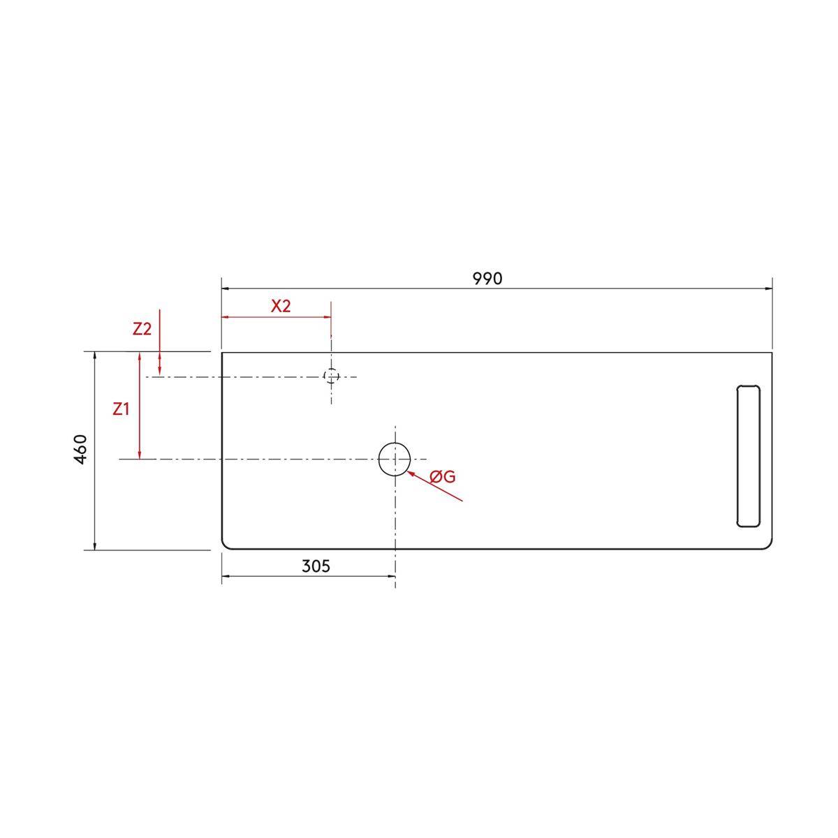 Technische Zeichnung eines rechteckigen Panels mit abgerundeten Ecken, die Abmessungen 990 x 460 zeigt und gekennzeichnete Lochpositionen X2, Z1, Z2, 305 und ØG.