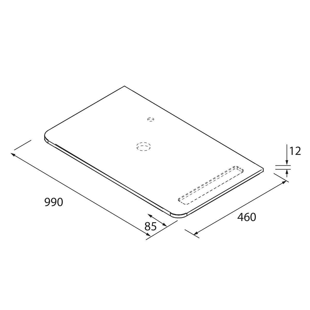 Technische Linienzeichnung eines rechteckigen Panels mit den Abmessungen 990 x 460 x 12 und markierten Ausschnitten/Bohrungen auf der Oberfläche.