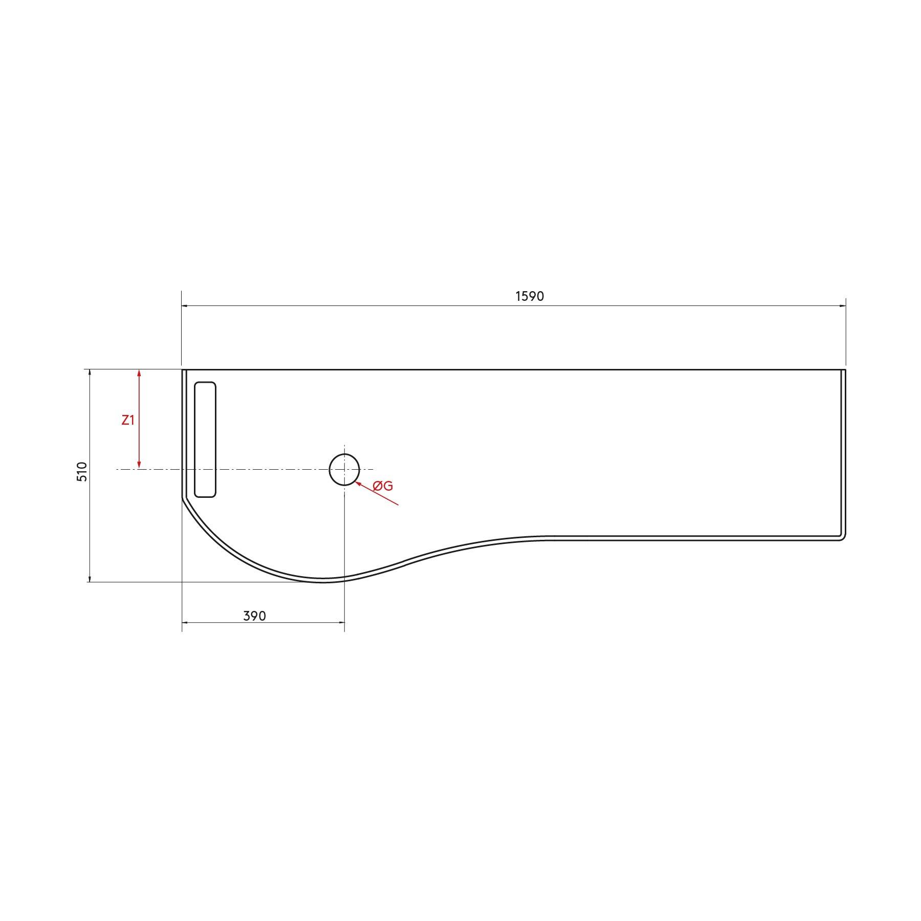 Blaupausen-Diagramm einer Seitenansicht eines mechanischen Bauteils mit den Abmessungen: 1590 Einheiten lang und 310 Einheiten hoch. Enthält den Winkel 'θG' und den markierten Abschnitt 'Z1'.