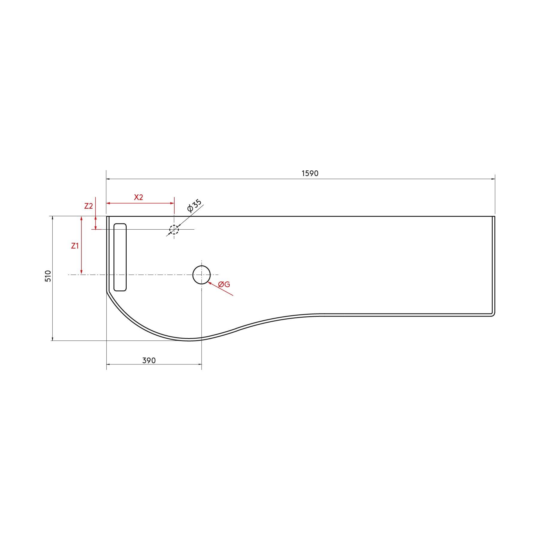 Mechanische Teilzeichnung: Eine Seitenansicht umreißt die Komponentenform mit Abmessungen: Länge 1590, Höhe 510, Kurve an einem Ende, Löcher gekennzeichnet.