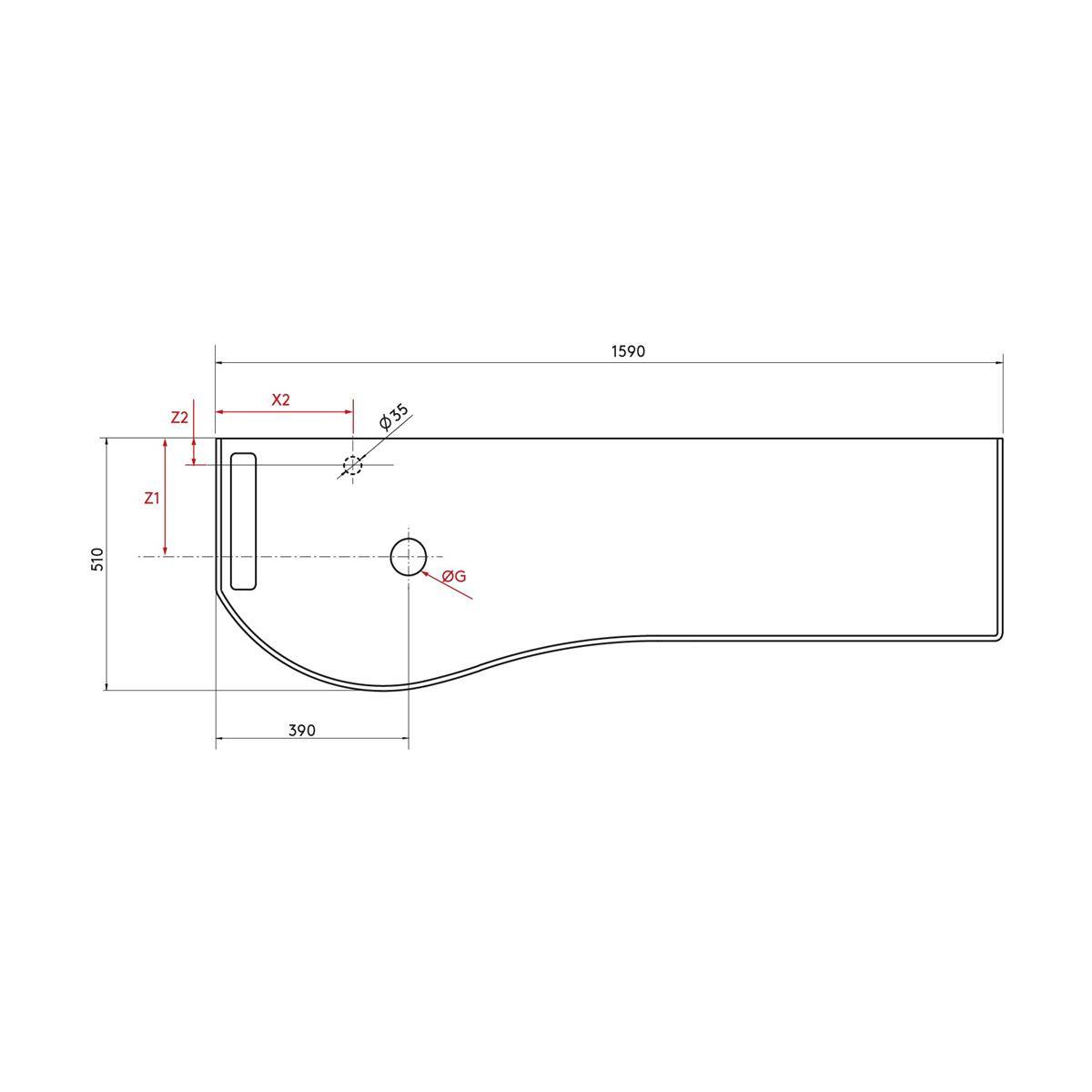 Technische Maßstabzeichnung eines links geformten Panels mit gekrümmter Unterkante, mit Maßen von 1590 mm × 510 mm, Positionen von Loch und Schlitz, sowie gekennzeichneten Versätzen Z1, Z2, X2 und Ø5,5.