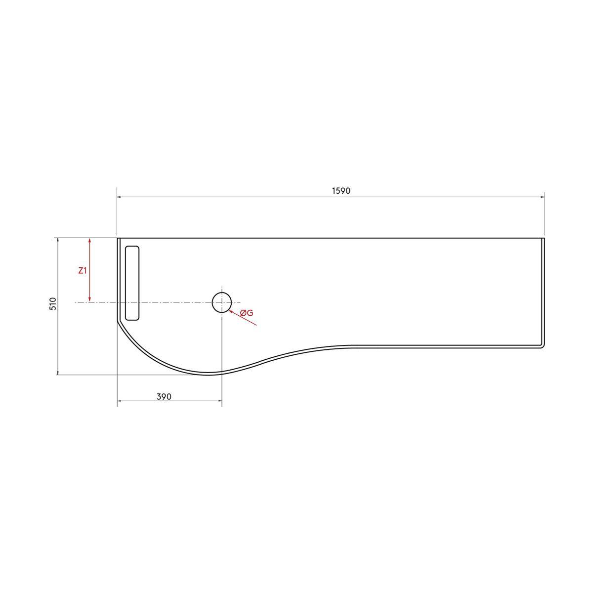 Technische Maßzeichnung eines rechteckigen Panels oder einer Wanne mit gekrümmter unterer linker Kante, mit den Abmessungen 1590 mm Länge, 510 mm Höhe und 390 mm Tiefe, sowie einer gekennzeichneten Bohrung und einem Schlitz.