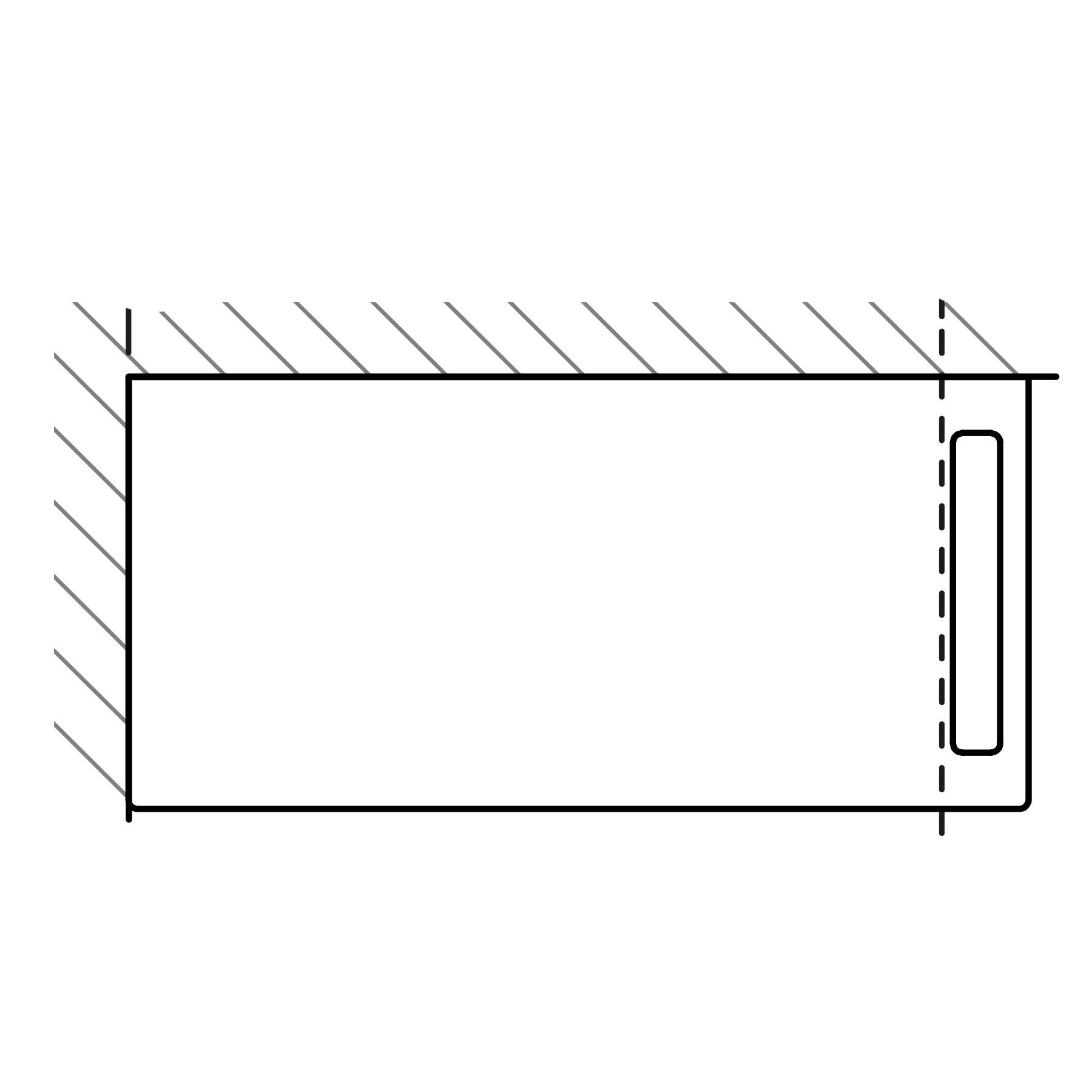 Diagramm mit Draufsicht eines rechteckigen Raums mit einer Tür auf der rechten Seite, die nach innen öffnet, dargestellt durch gestrichelte Linien.