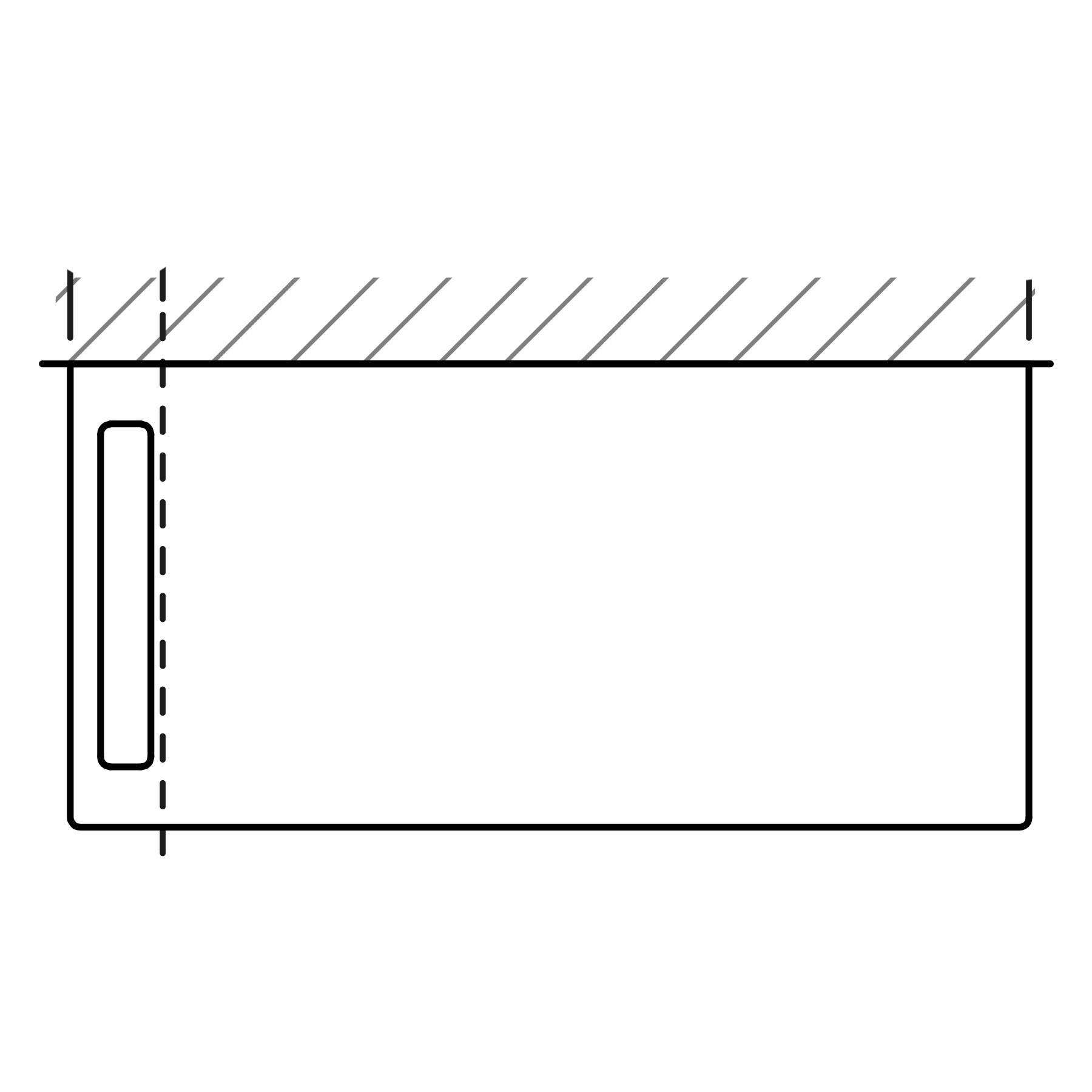 Diagramm eines rechteckigen Tanks mit einem Griff an der linken Seite, horizontalen Schraffurlinien auf der Oberseite.