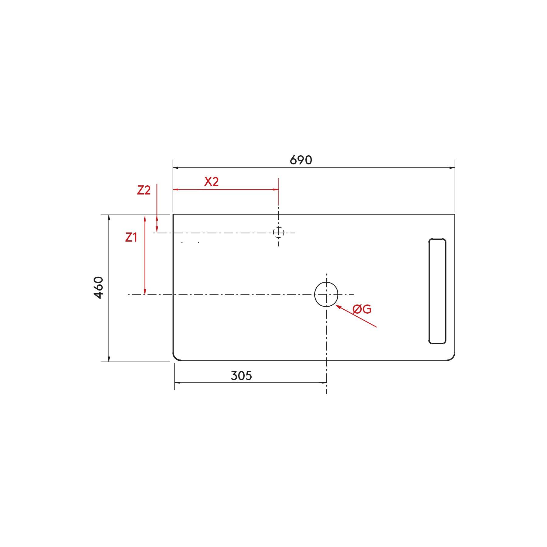 Technische Zeichnung eines rechteckigen Objekts mit Abmessungen: 690 mm Breite, 460 mm Höhe. Enthält Entfernungsmarkierungen X2, Z1 und Z2 sowie ein zentrales Loch mit der Bezeichnung 