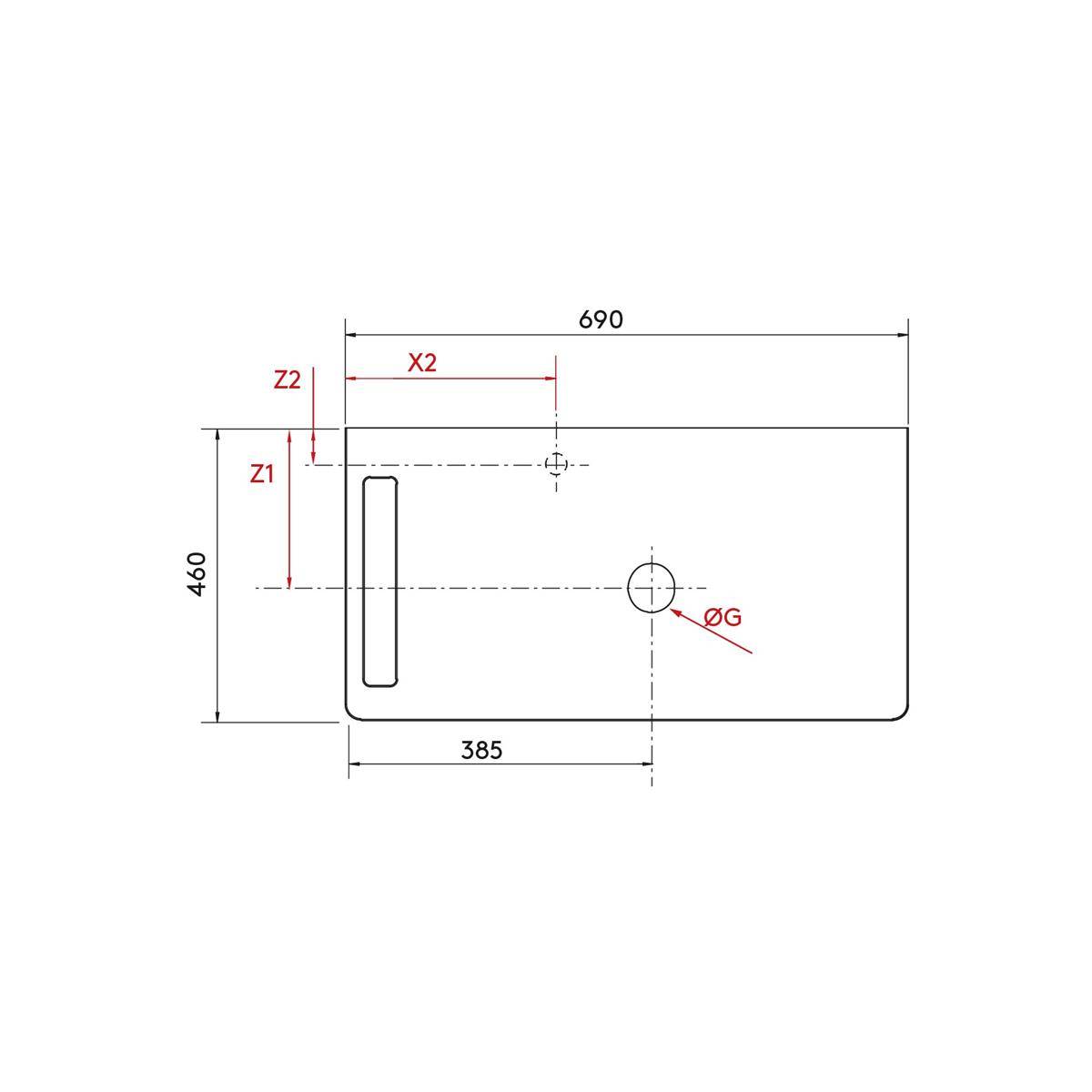 Technische Zeichnung eines rechteckigen Panels, 690 mal 460, mit einem Schlitz auf der linken Seite, einem kreisförmigen Loch mit der Bezeichnung ØG in der Nähe der unteren Mitte und Bemaßungsmarkierungen X2, Z1 und Z2.
