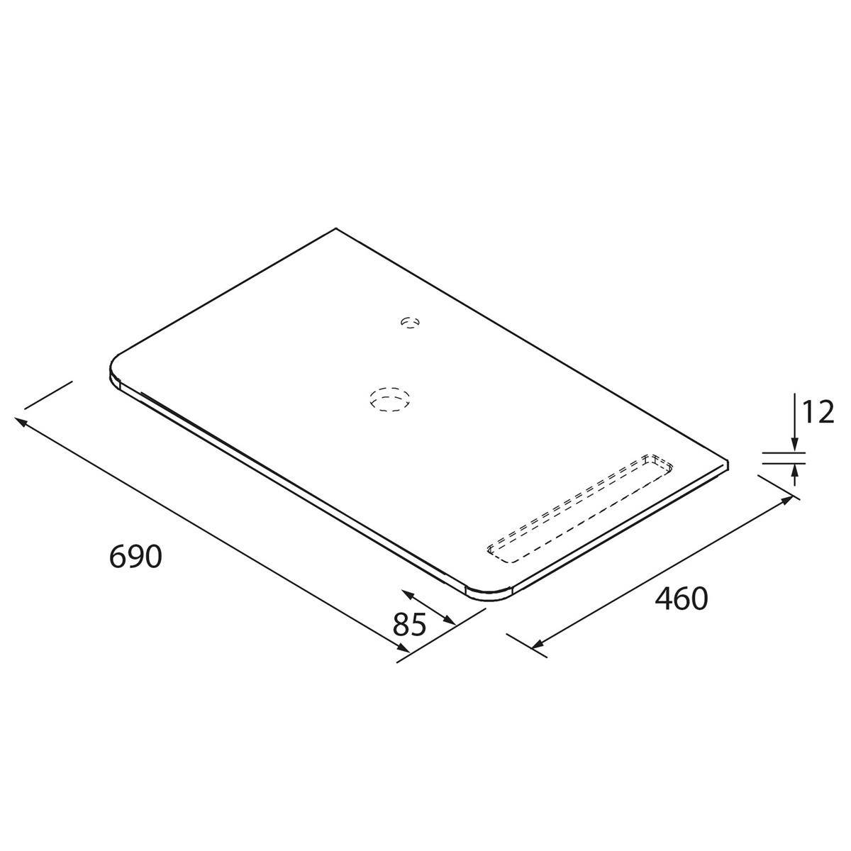 Technische Zeichnung eines rechteckigen Paneels, dargestellt in Perspektive mit den Abmessungen 690 x 460 x 12 und einer eingelassenen Nut in der Nähe einer Kante.