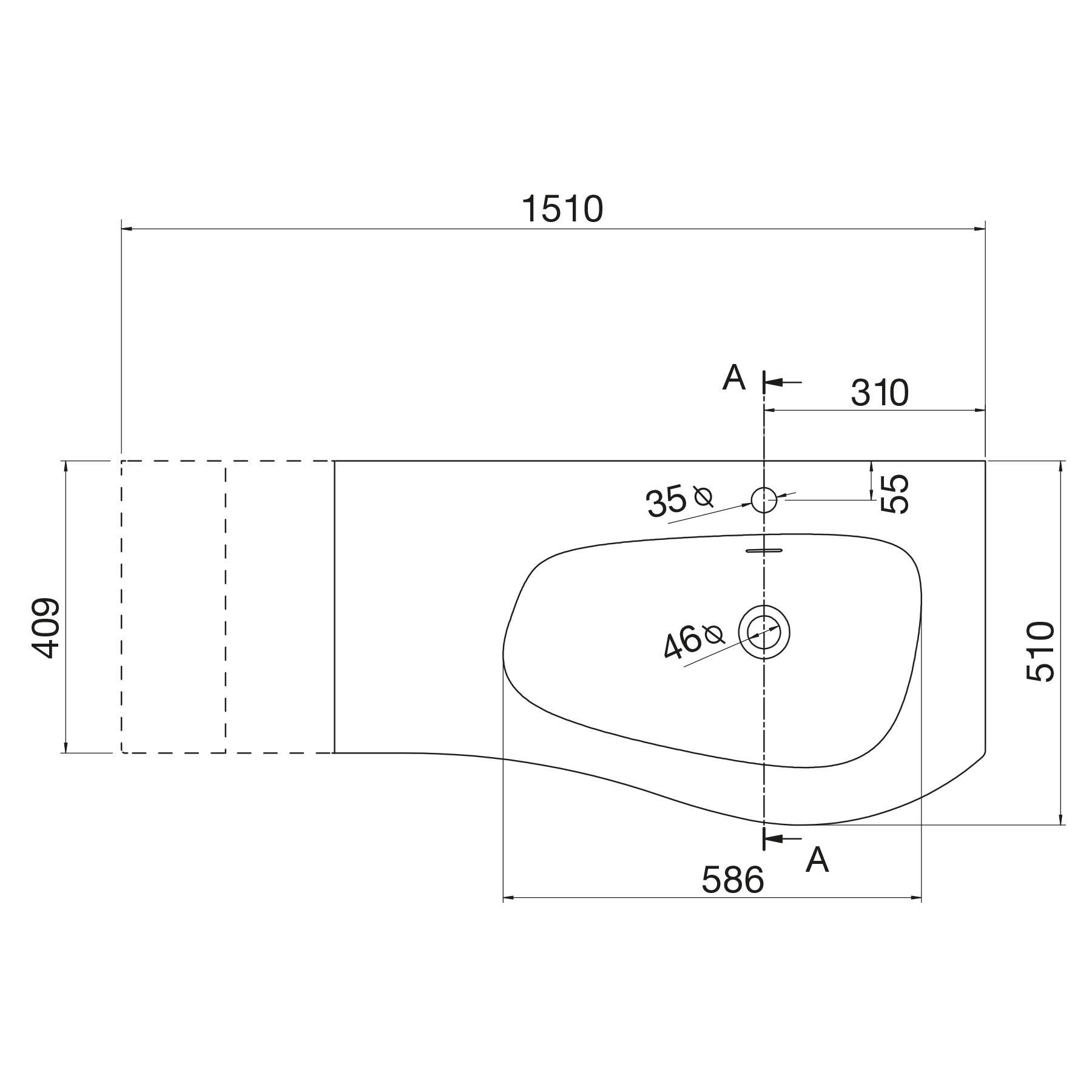 Technische Zeichnung einer Toilettendraufsicht mit Dimensionen: Länge 1510 mm, Breite 409 mm. Markierungen zeigen Lochanordnungen und Winkel.