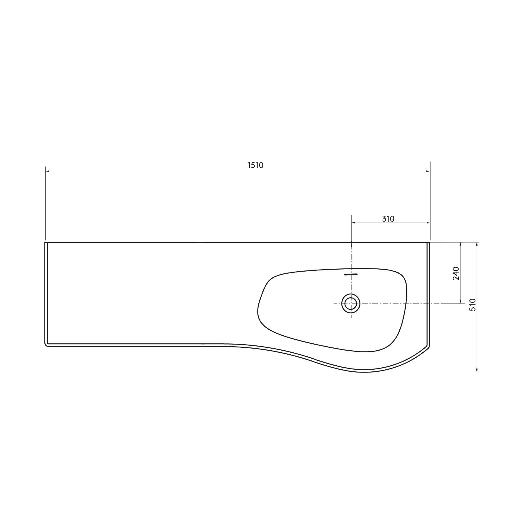 Eine technische Zeichnung eines Waschbeckens mit beschrifteten Abmessungen: Breite 1510, Tiefe 310 und Höhe 510 Millimeter.