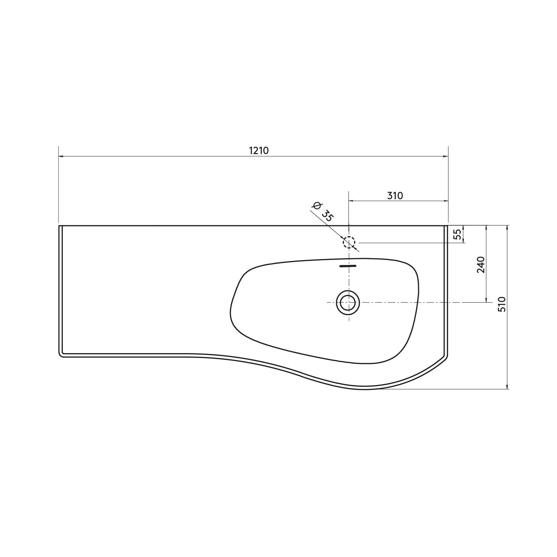 Technische Zeichnung eines rechteckigen Waschbeckens, 1210 mm breit und 510 mm tief, mit markierten Abmessungen für die Armaturplatzierung und das Becken.