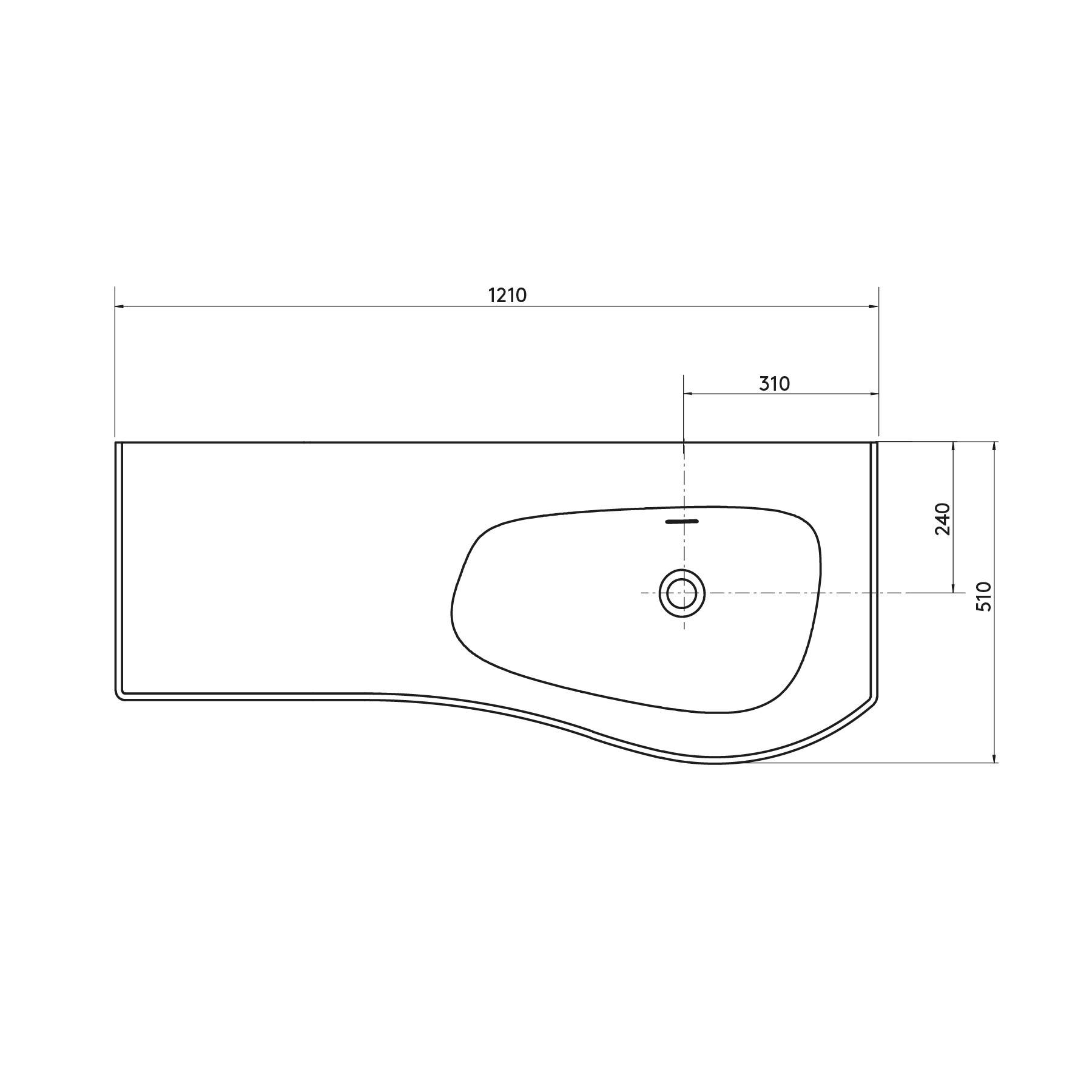 Linienzeichnung eines rechteckigen Beckens mit Abmessungen; Breite 1210 mm, Tiefe 510 mm. Der Beckenbereich ist nach rechts versetzt.