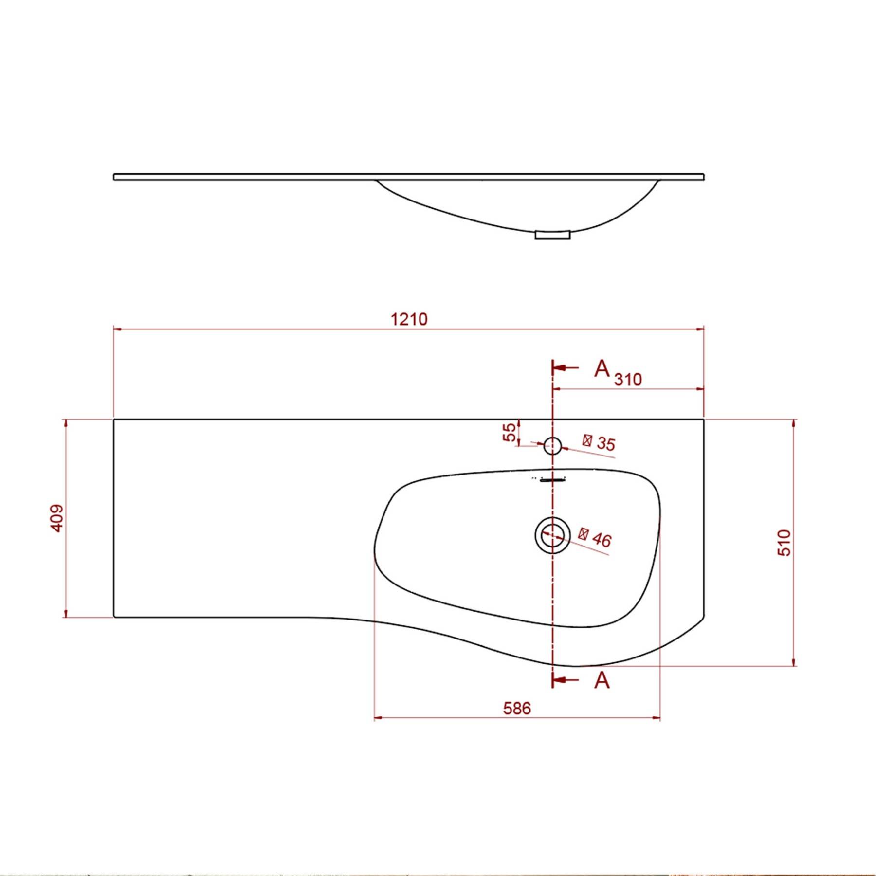Technische Zeichnung eines Waschbeckens mit Maßen: Breite 1210 mm, Tiefe 510 mm, Höhe 406 mm und weiteren Komponentenabmessungen.
