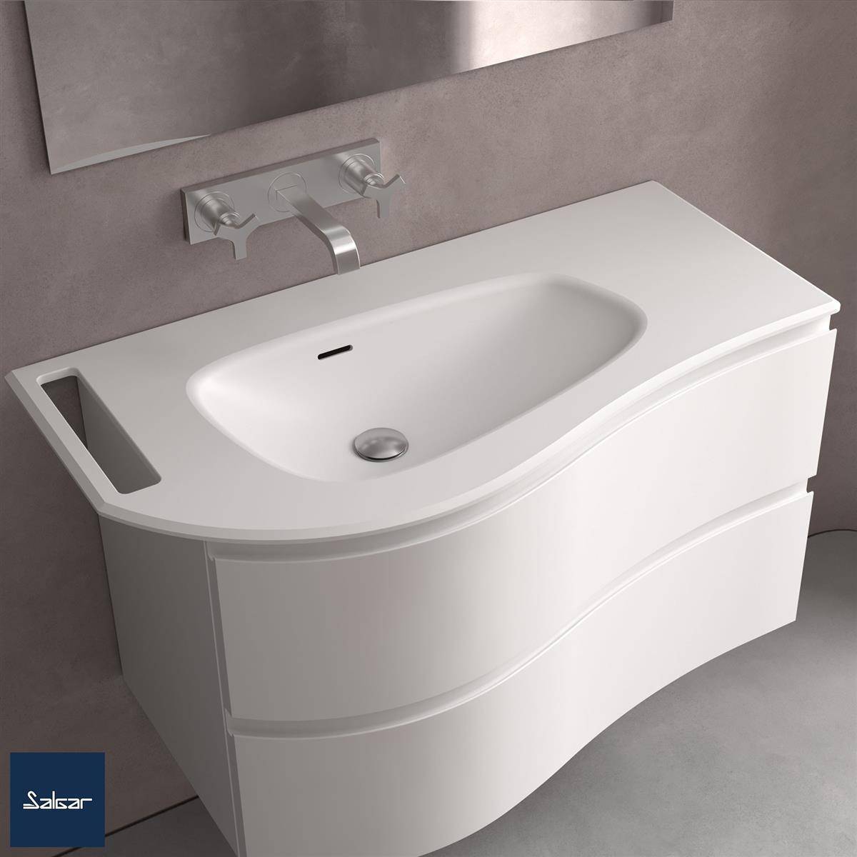 Modernes, weiß wandmontiertes Badezimmer-Waschtisch mit integriertem geschwungenem Waschbecken und einzelnem Wasserhahn, vor grauer Wand und Boden dargestellt.