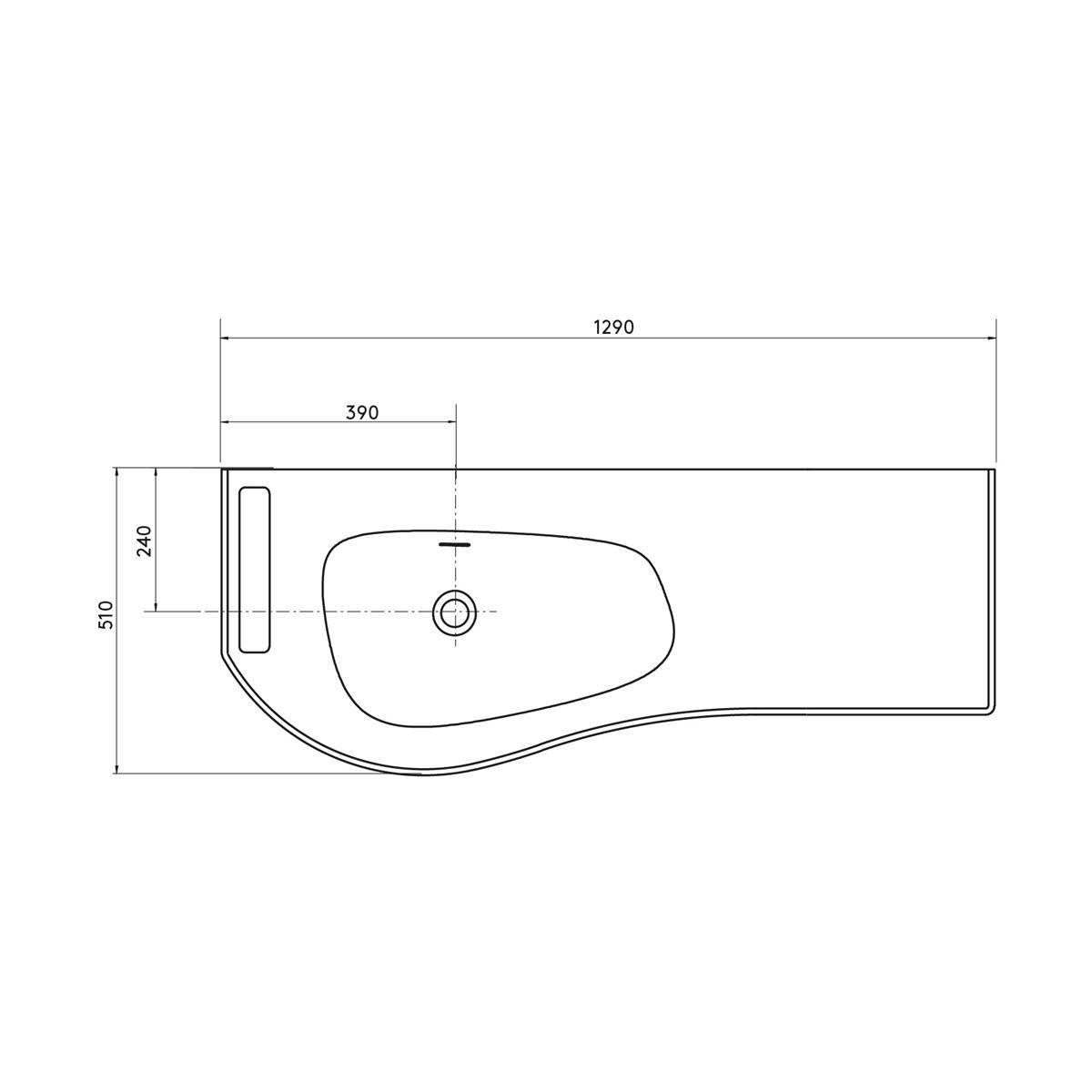 Technische Strichzeichnung eines Toilettensitzes oder einer Toilettendeckels mit beschrifteten Abmessungen 1290, 510, 390 und 240 mm, die eine asymmetrische Kontur und einen zentralen Befestigungspunkt zeigt.