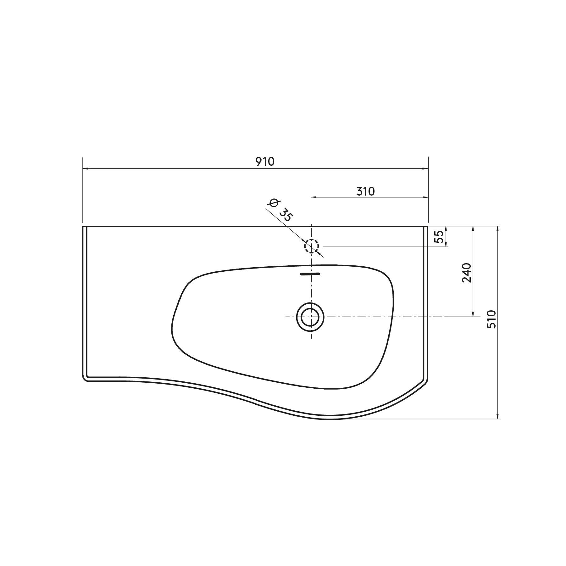 Salgar Waschtisch MAM 900 links solid surface ohne Siphon und Clickerabfluss 910 x 12 x 510 mm