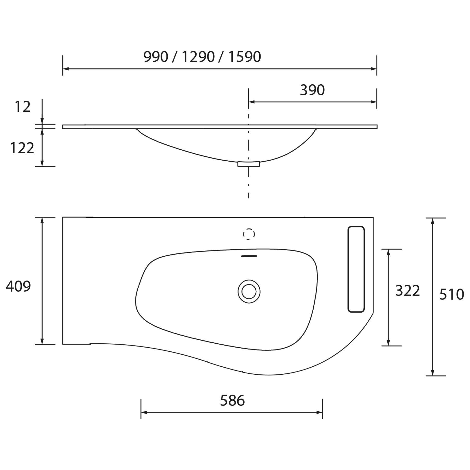 Salgar Waschtisch MAM 900 links solid surface ohne Siphon und Clickerabfluss 910 x 12 x 510 mm