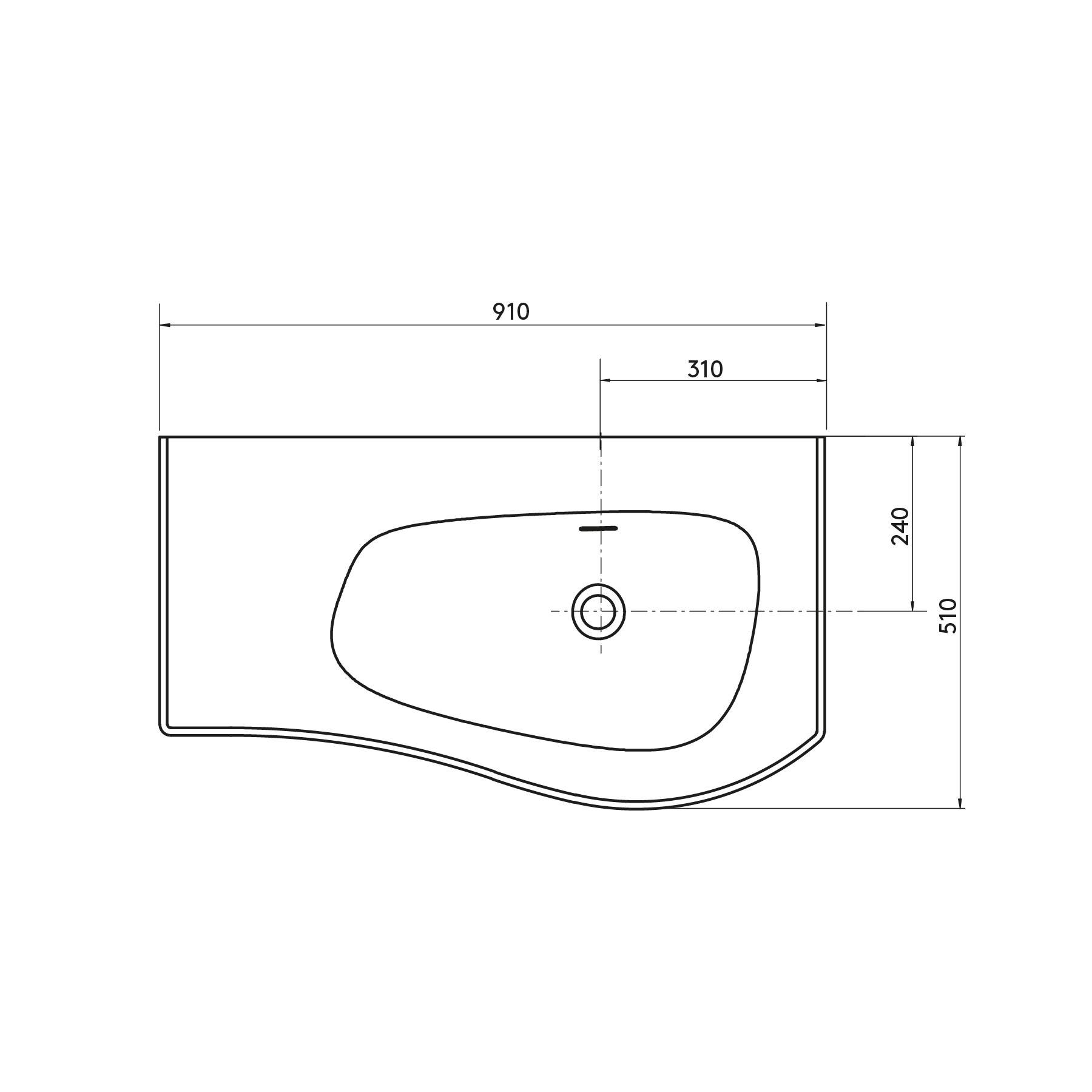 Salgar Waschtisch MAM 900 links solid surface ohne Siphon und Clickerabfluss 910 x 12 x 510 mm