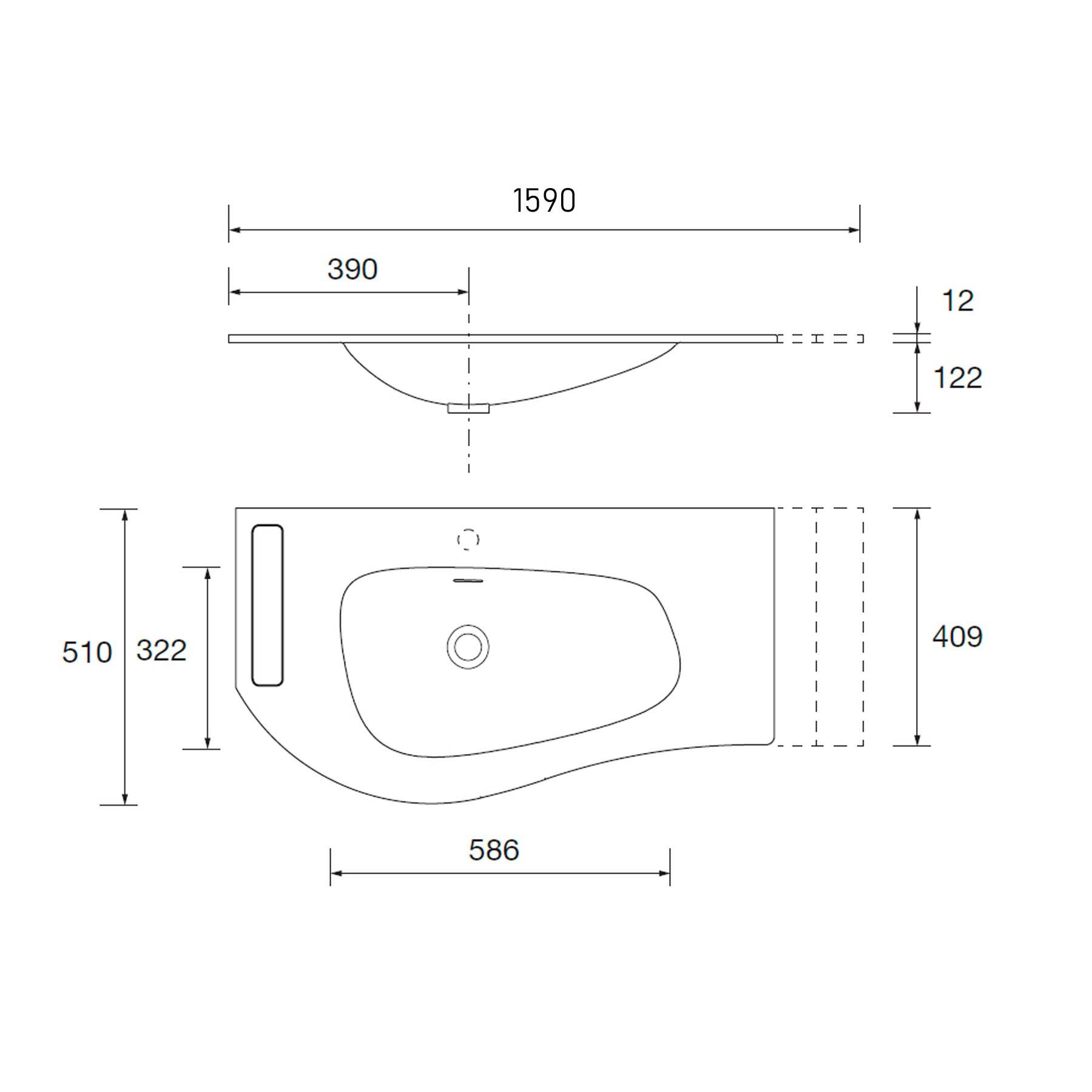 Technische Zeichnung eines Waschbeckens mit Maßen: 1590 mm breit, 510 mm tief, 122 mm hoch. Beckenmittelpunkt und Armaturlochpositionierung dargestellt.
