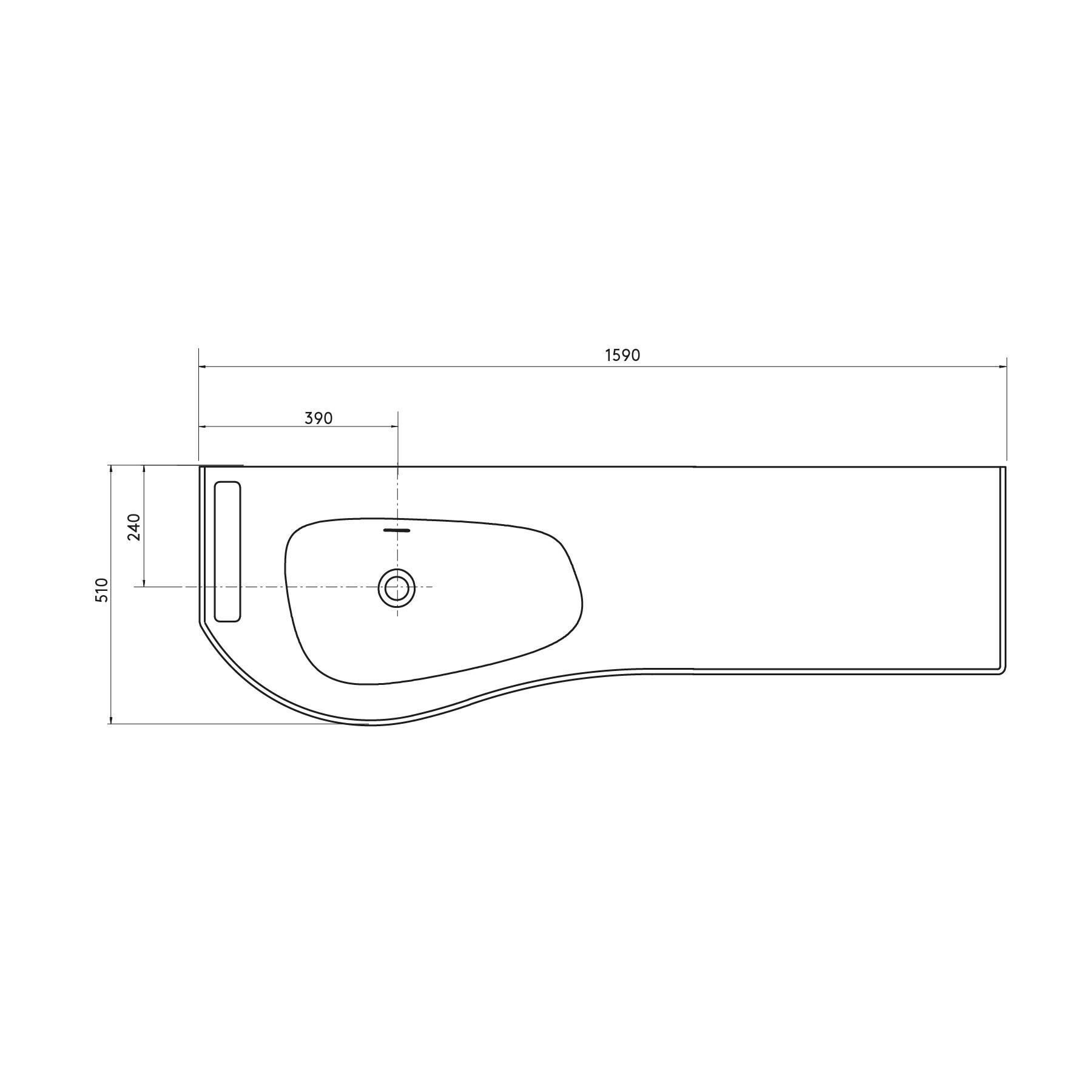 Technische Zeichnung eines Waschbeckens mit Arbeitsplatte. Abmessungen umfassen 1590 mm Länge, 510 mm Breite und eine Beckenbereich von 390 mm x 240 mm.
