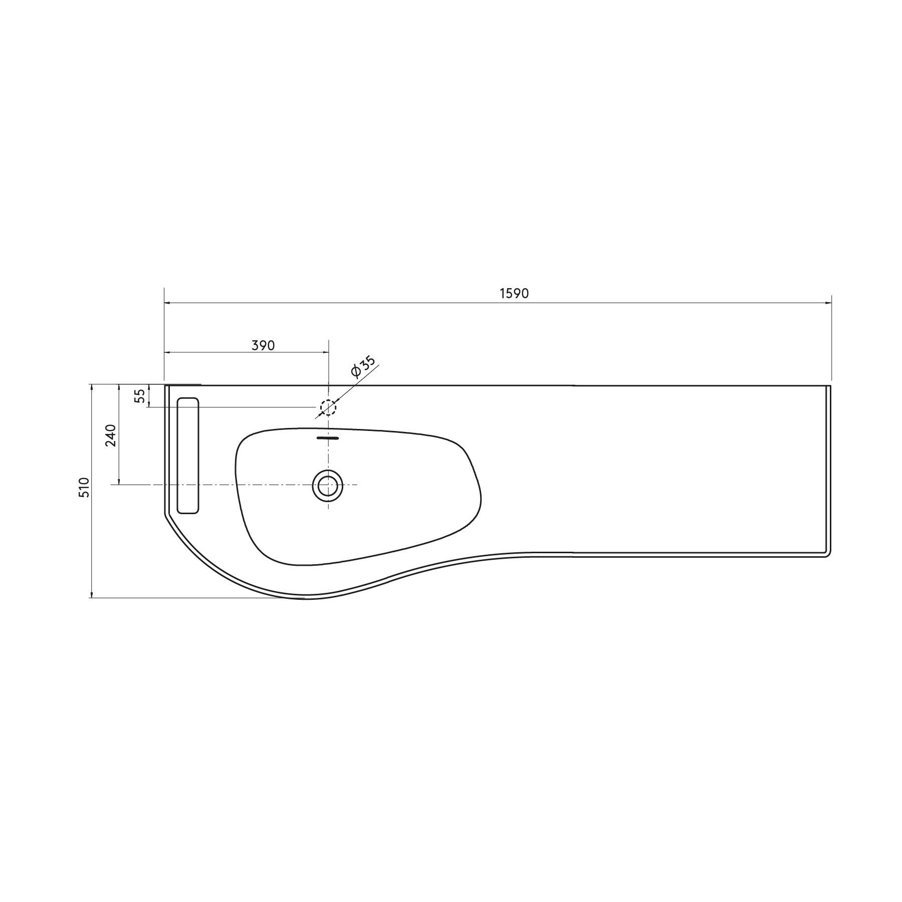 Eine Linienzeichnung einer Arbeitsplatte mit eingebauter Spüle. Abmessungen: Länge 1590 mm, Breite 390 mm. Spülenbreite: 550 mm, Tiefe: 590 mm.