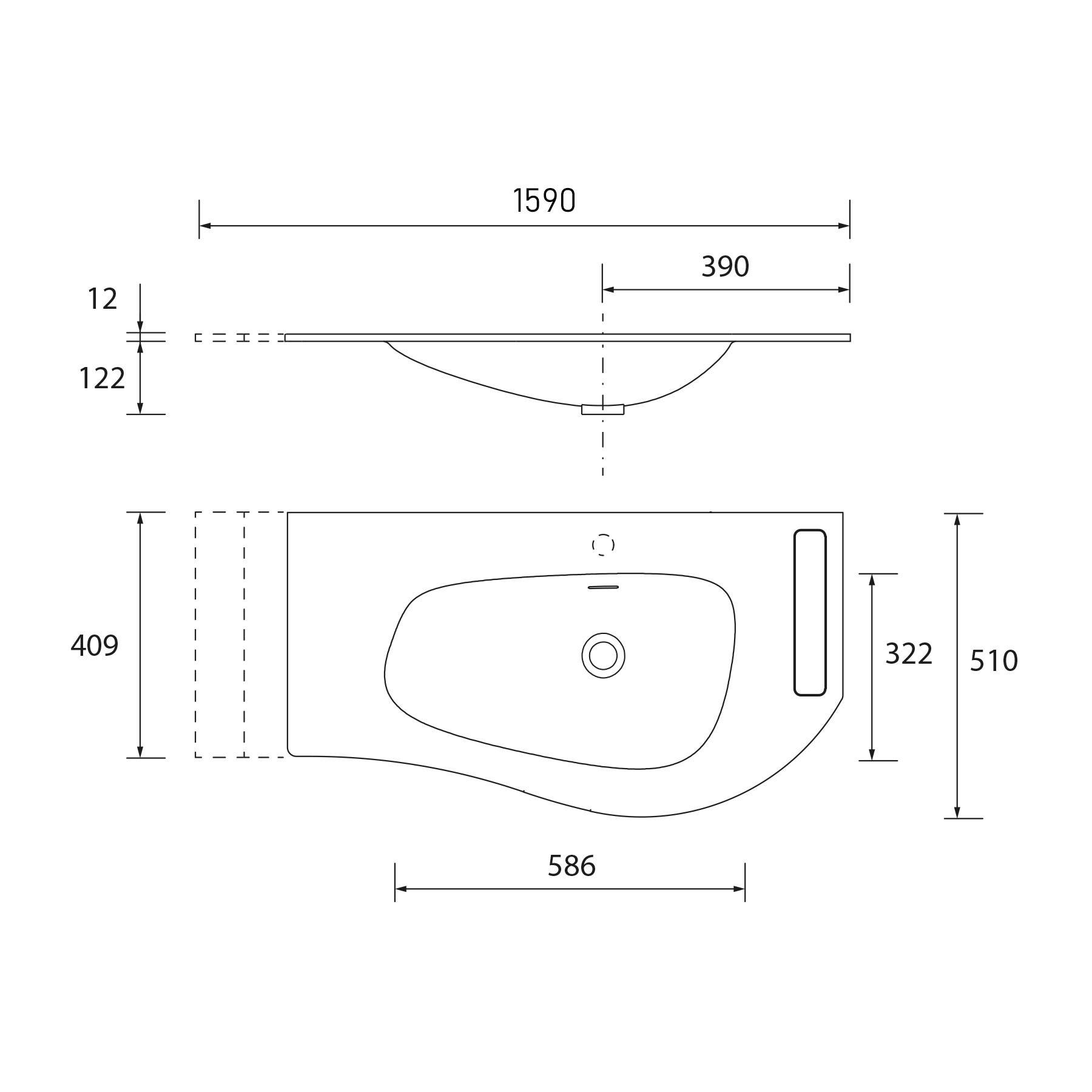 Diagramm einer Badewanne mit Maßen: Länge 1590 mm, Breite 586 mm, Tiefe 409 mm. Vertikale und horizontale Messungen sind gekennzeichnet.
