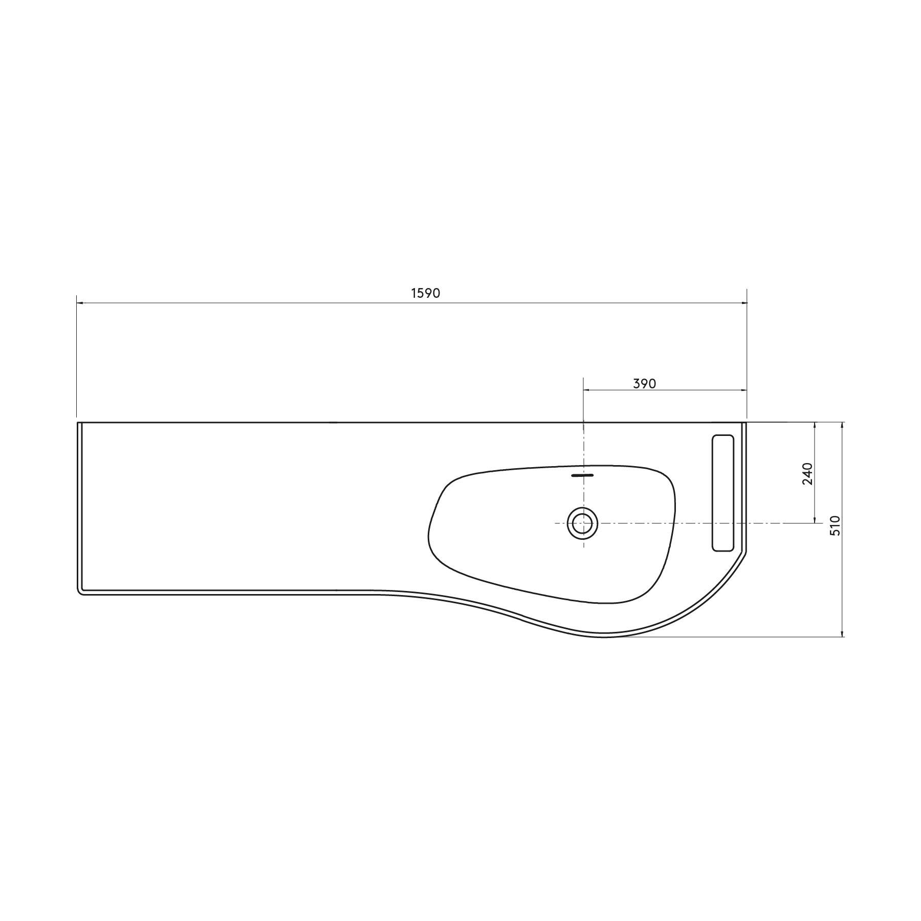 Technische Zeichnung eines Waschbeckens mit Maßangaben: Länge 1590 mm, Breite 390 mm, Lochplatzierung von links nach rechts 520 mm vom Ende entfernt.