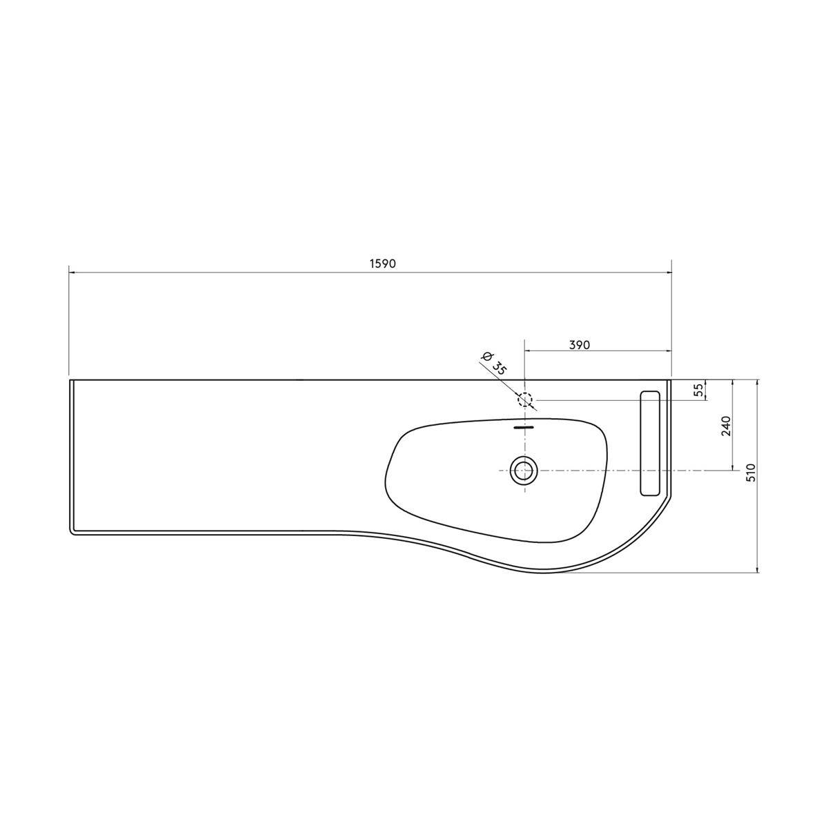 Technische Zeichnung einer Badewanne oder Duschwanne, Seitenansicht, mit Gesamtabmessungen von 1590 x 510 mm und Ablaufposition mit Schlüsselmessungen.
