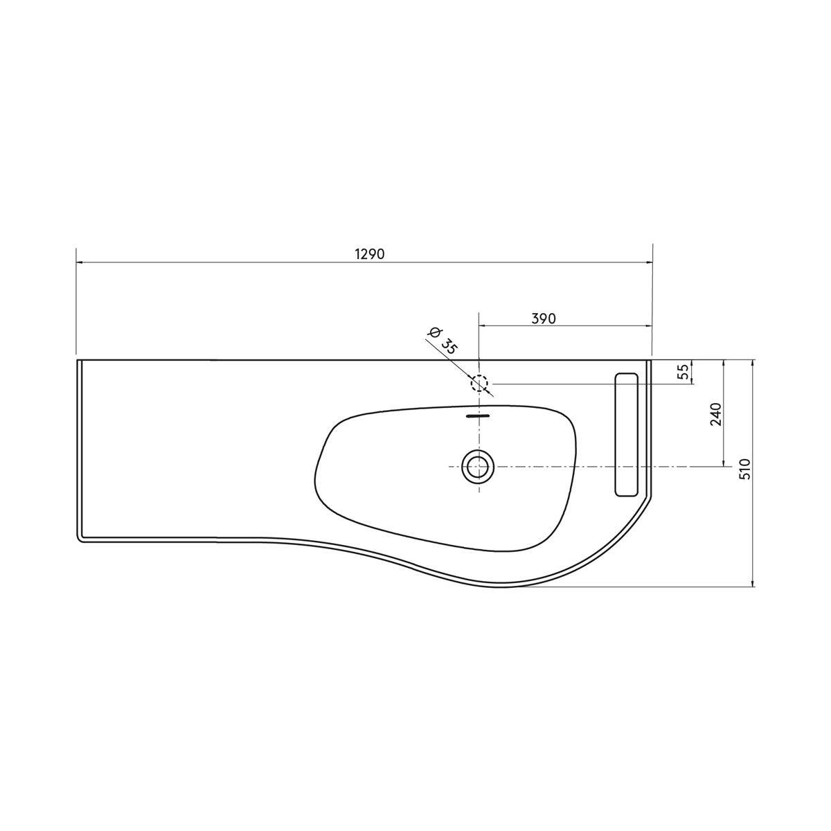 Technische Zeichnung einer gebogenen Badezimmer-Waschtischplatte mit integriertem Waschbecken, zeigt Abmessungen von 1290 mm Länge und 510 mm Breite, mit gekennzeichneten Positionen für Wasserhahn und Ablauf.