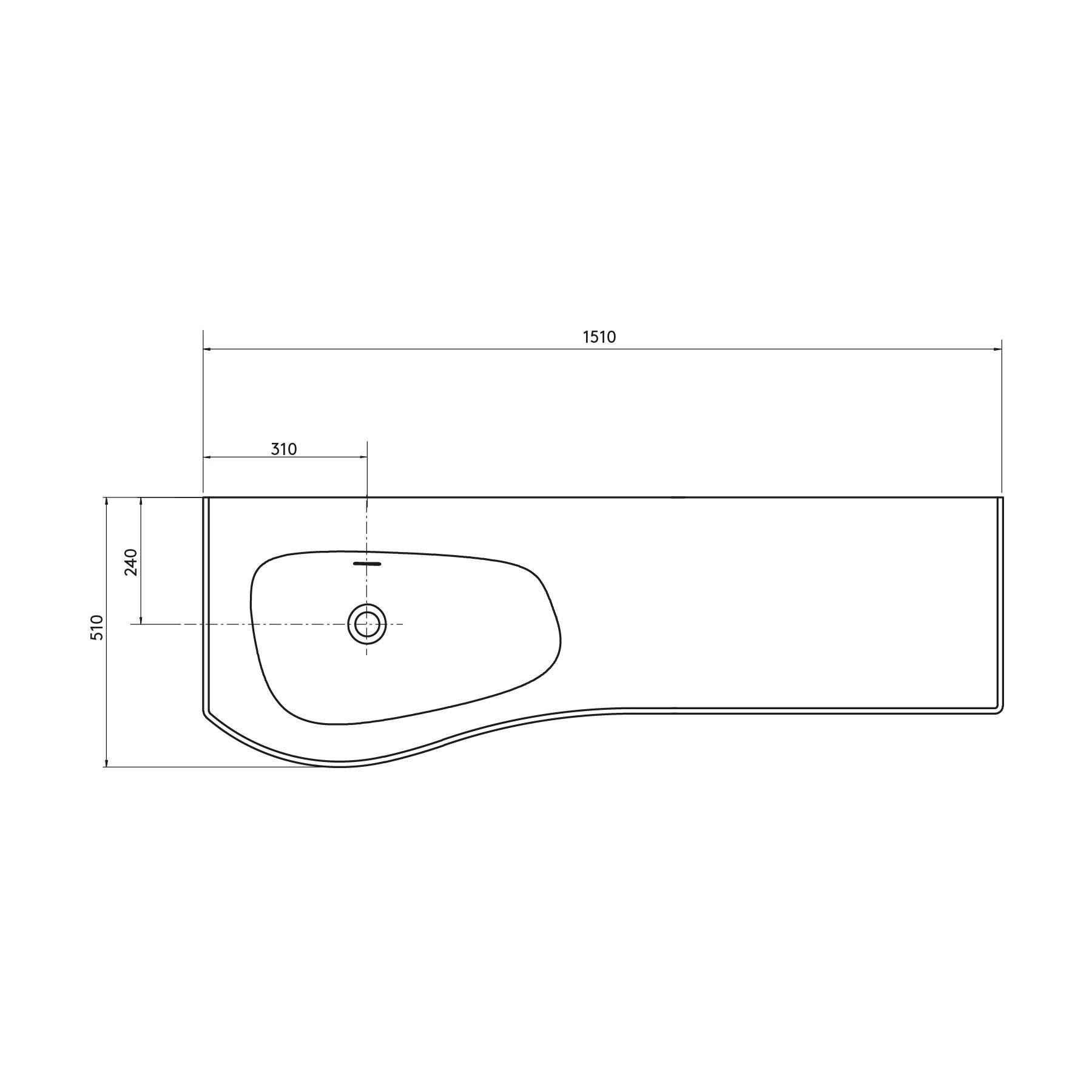 Draufsicht-Liniendiagramm eines rechteckigen Waschbeckens mit Maßangaben: Breite 1510 mm, Tiefe 510 mm, Beckentiefe 240 mm und Beckenbreite 310 mm.