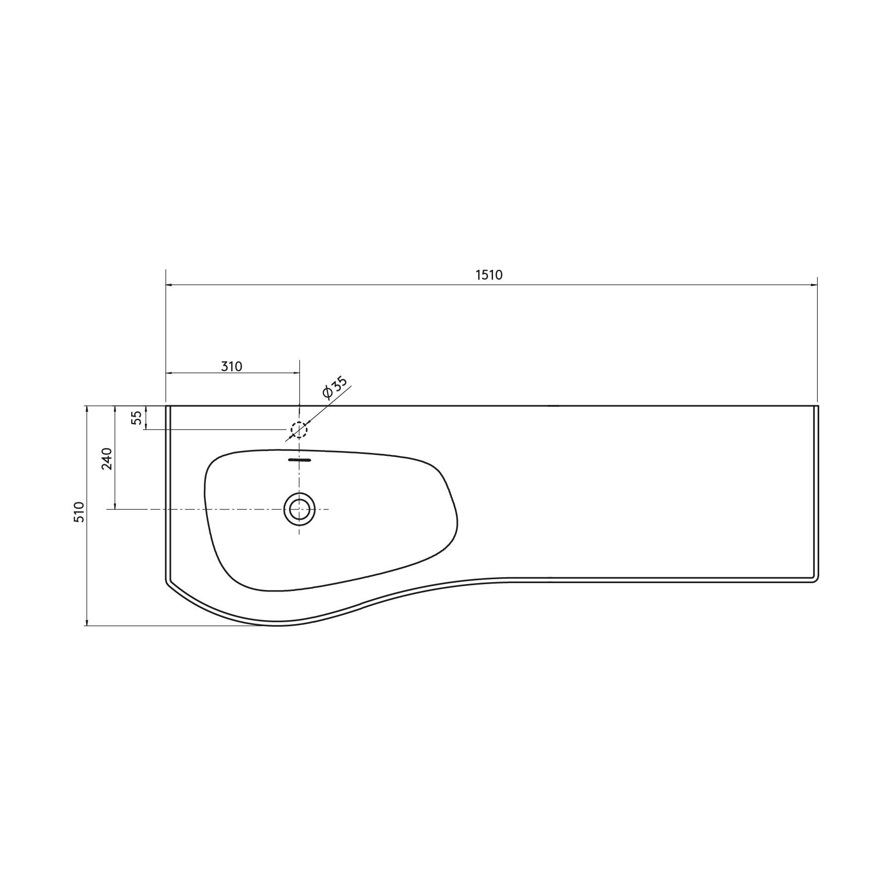 Technische Zeichnung eines Waschbeckens in der Draufsicht mit markierten Abmessungen: 1510 mm Breite, 510 mm Tiefe und Becken mit 310 mm Maß.