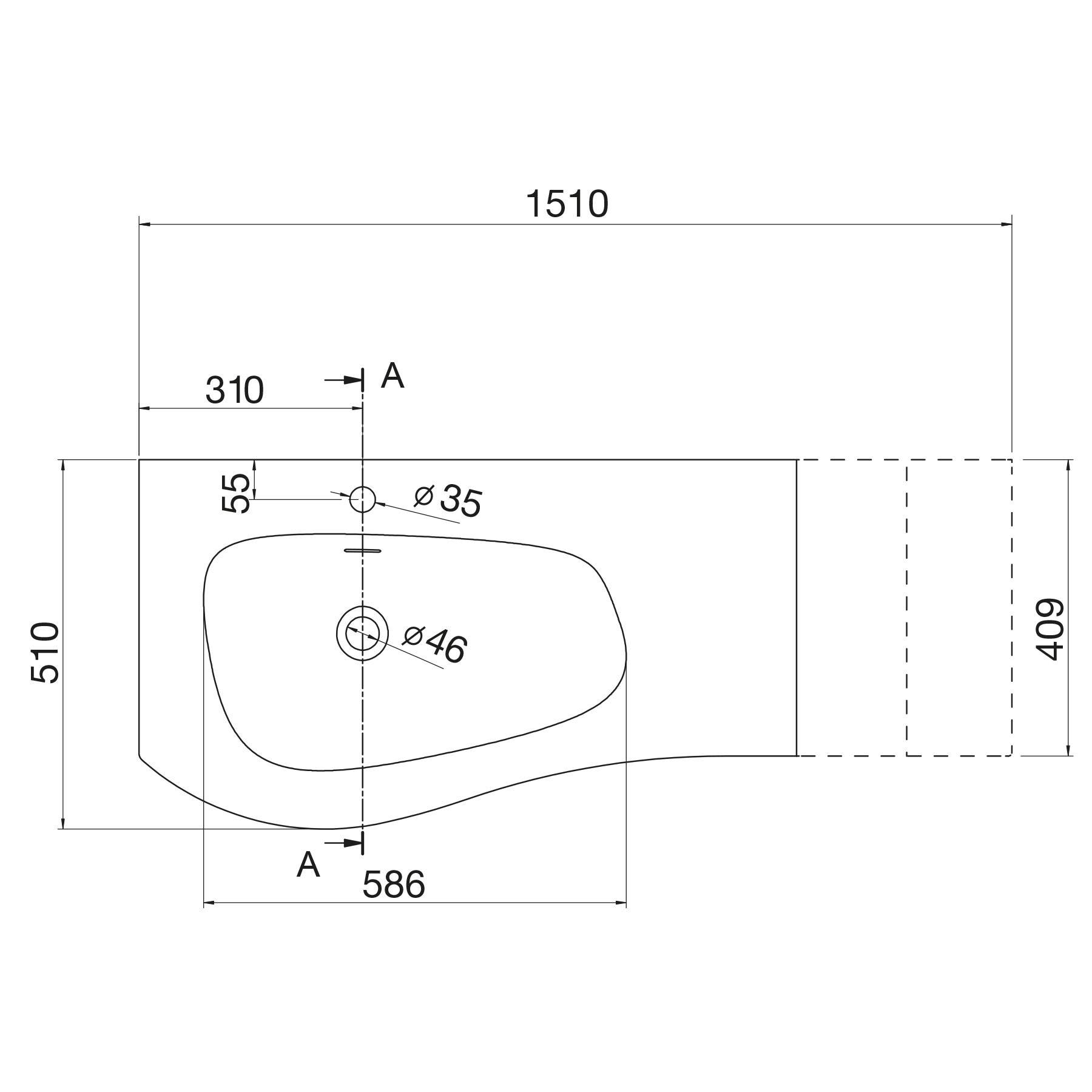 Technische Zeichnung eines Waschbeckens mit Abmessungen: 1510 mm Länge, 586 mm Breite, 510 mm Höhe. Enthält Durchmesser der Wasserhahllöcher und andere Maßangaben.