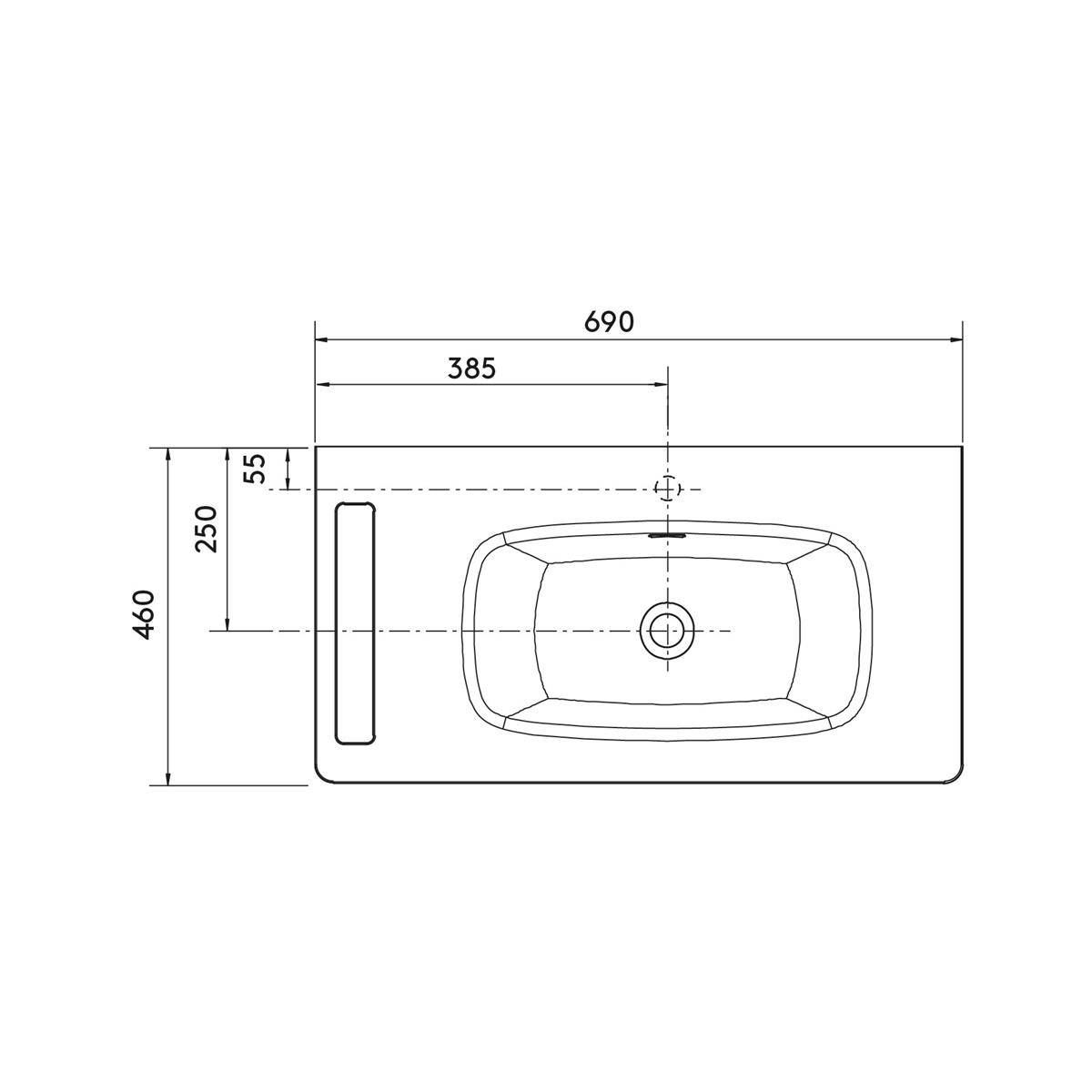 Technische Zeichnung eines rechteckigen Spülbeckens mit den Abmessungen 690 x 460, zentriertes Becken, Abtropffläche auf der linken Seite sowie gekennzeichnete Positionen für Ablauf und Armatur.