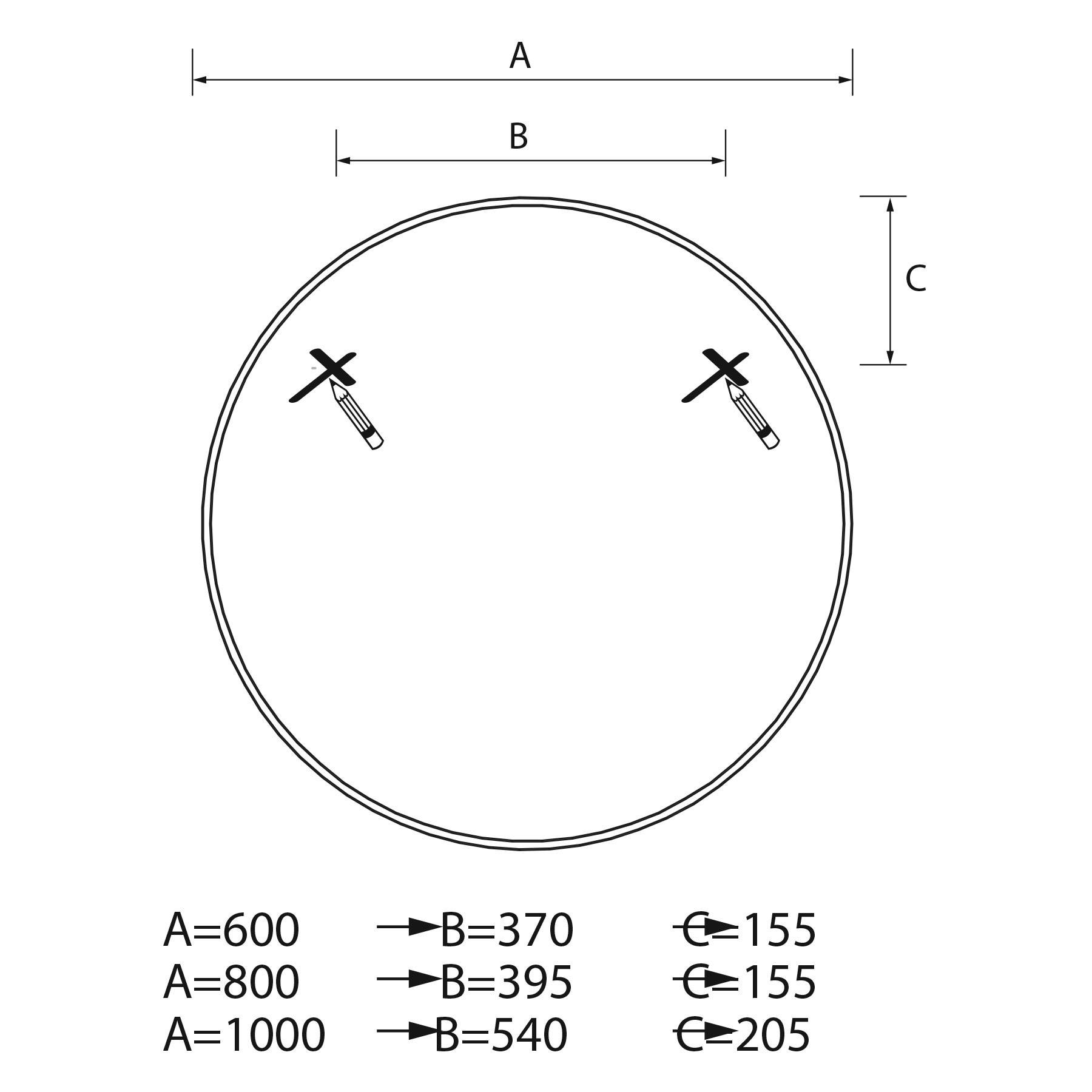 Diagramm eines Kreises mit einem zentralen Durchmesser A und einem reduzierten Durchmesser B. Größen: A=600 bis A=1000, B=370 bis B=540, C=155 bis 205.
