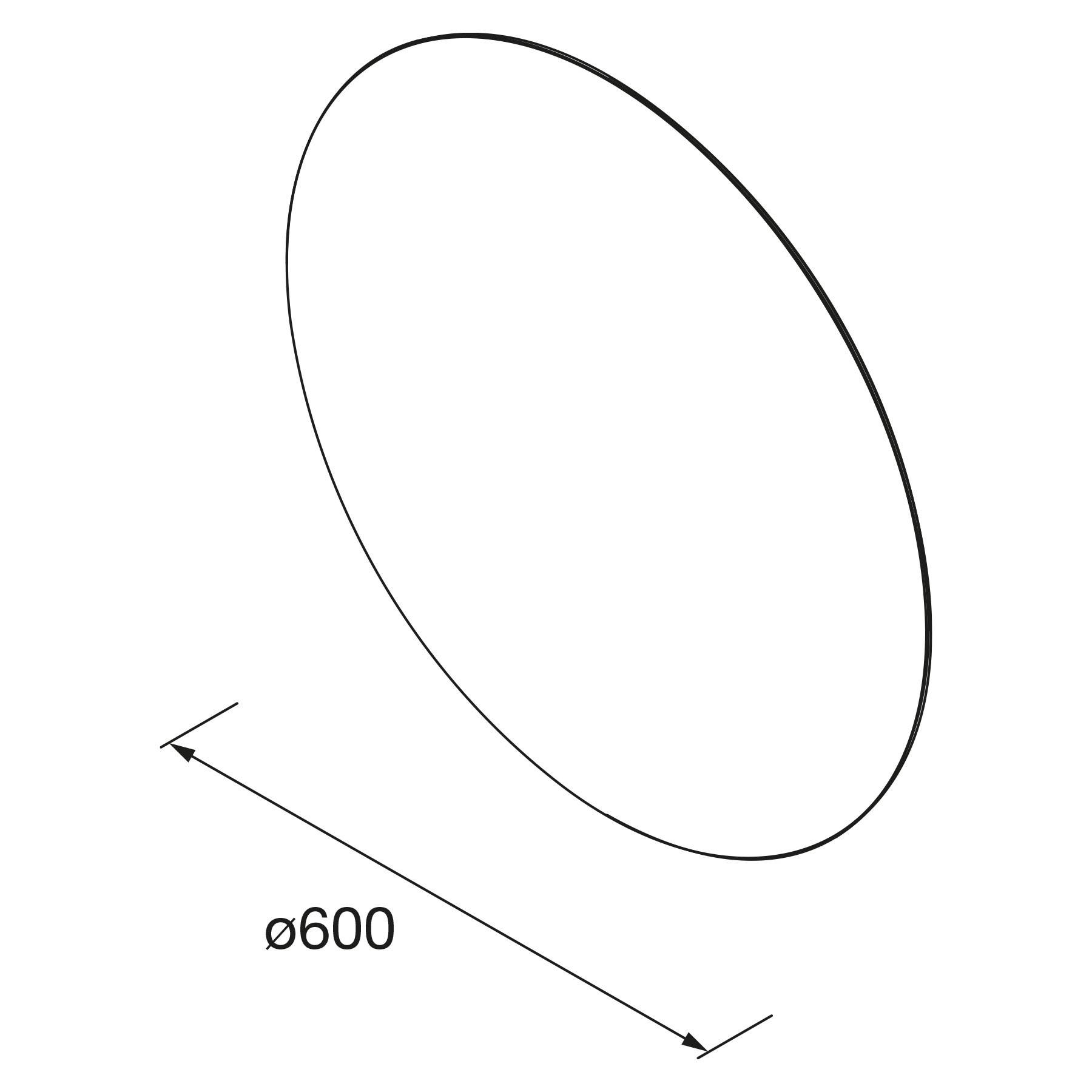 Eine Ellipse mit einer beschrifteten Durchmesserlänge von 600 Einheiten.