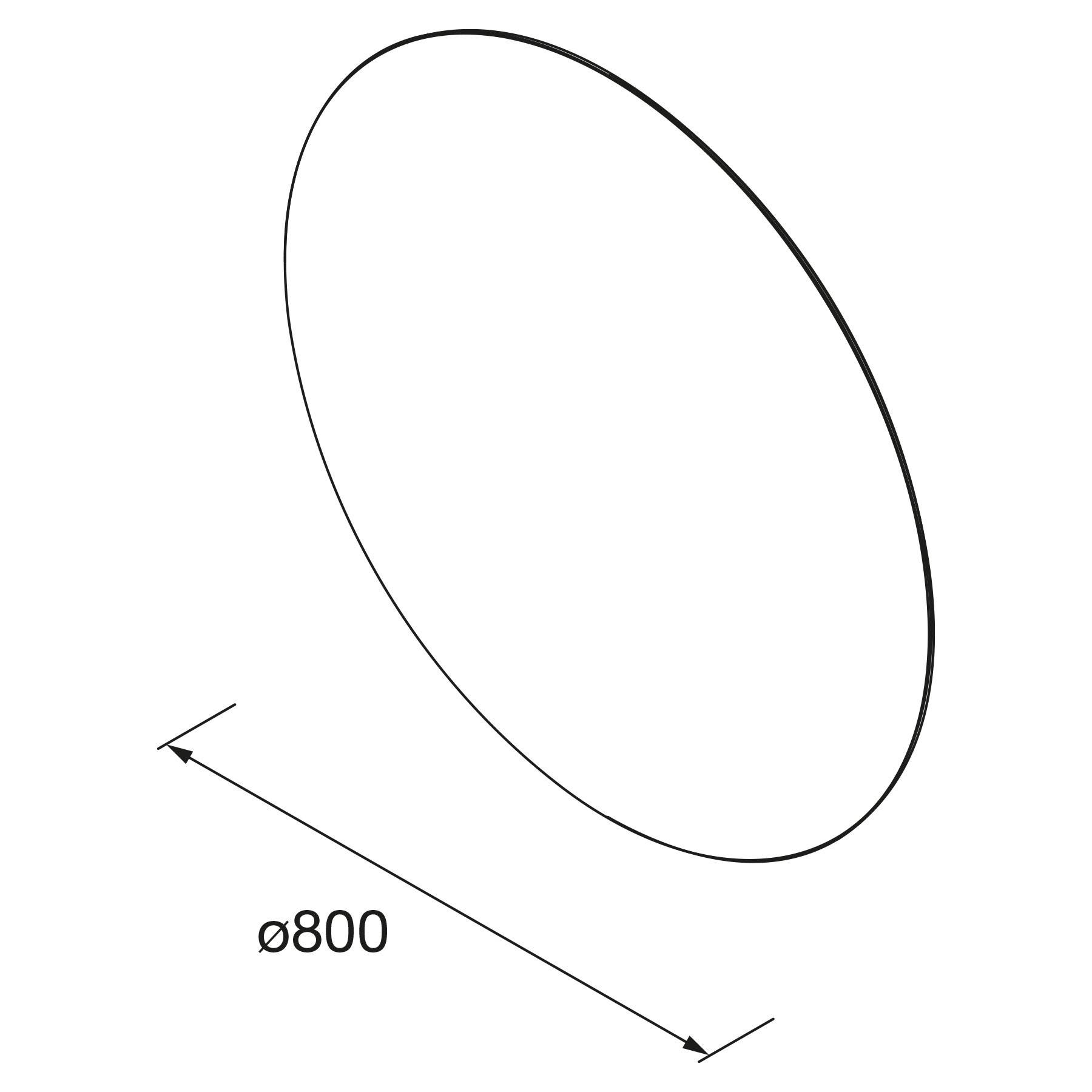 Ovale Form mit einem Durchmesser von 800 Einheiten, dargestellt durch eine Linie und einen Pfeil, der über ihre breiteste Stelle zeigt.