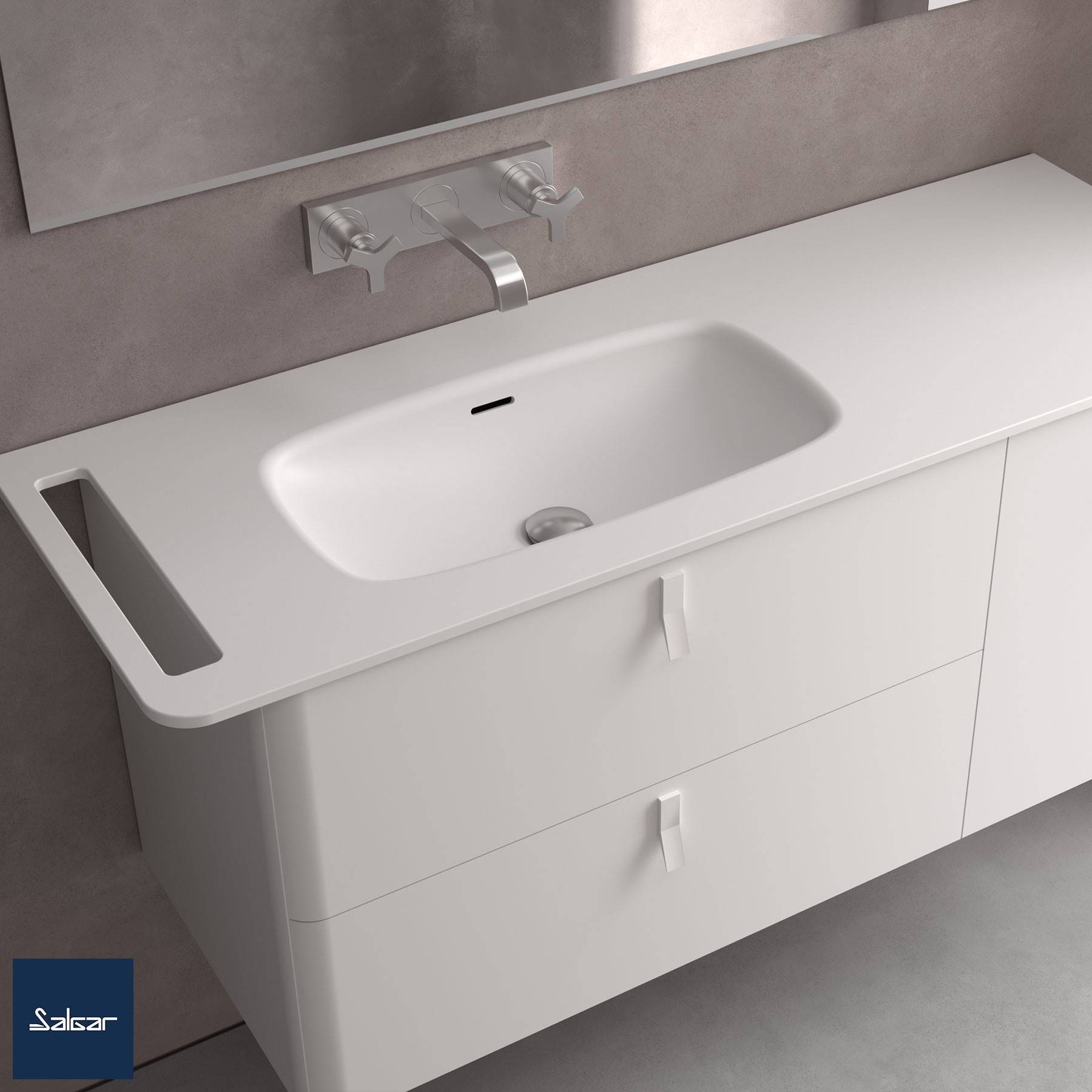 Modernes weißes Waschbecken mit integrierter Arbeitsplatte und zwei Schubladen, wandmontierter Wasserhahn darüber, vor einem neutralen Hintergrund.