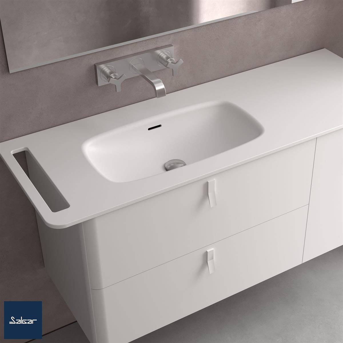 Modernes weißes Badezimmer-Waschtisch mit integriertem Waschbecken, an der Wand montiertem Wasserhahn und zwei Schubladen unter einem großen Spiegel.