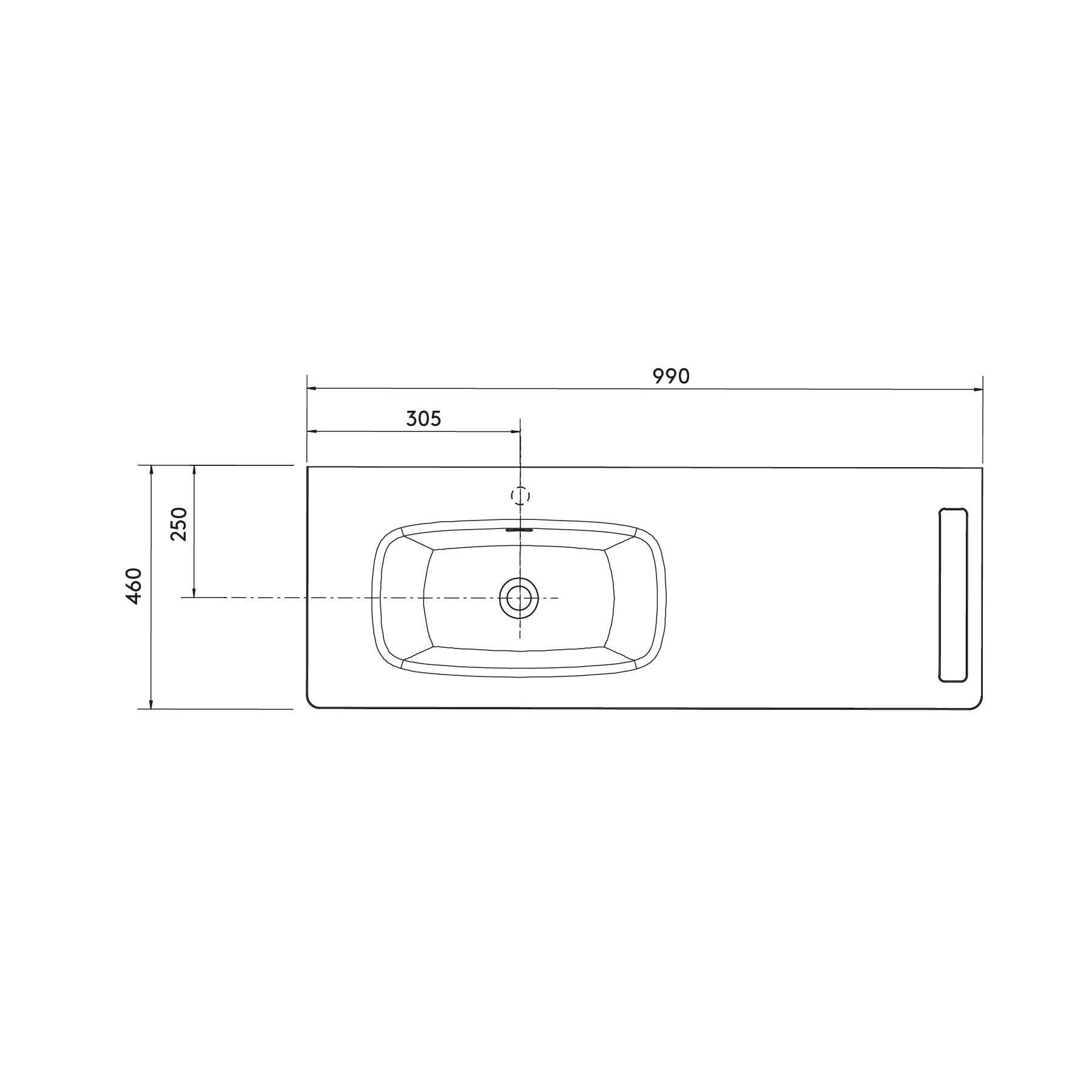 Technische Zeichnung eines rechteckigen Waschbeckens mit Arbeitsplatte, beschriftete Abmessungen: 990 mm Breite, 460 mm Tiefe, 305 mm und 250 mm markiert.