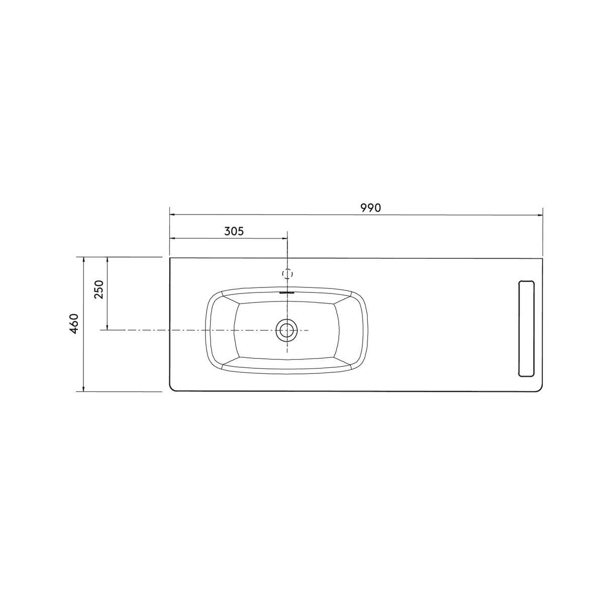 Technische Draufsicht einer rechteckigen Spüle oder Arbeitsplatte mit den Abmessungen 990 x 460, mit einem versenkten Becken links der Mitte und einer kleinen Öffnung auf der rechten Seite.