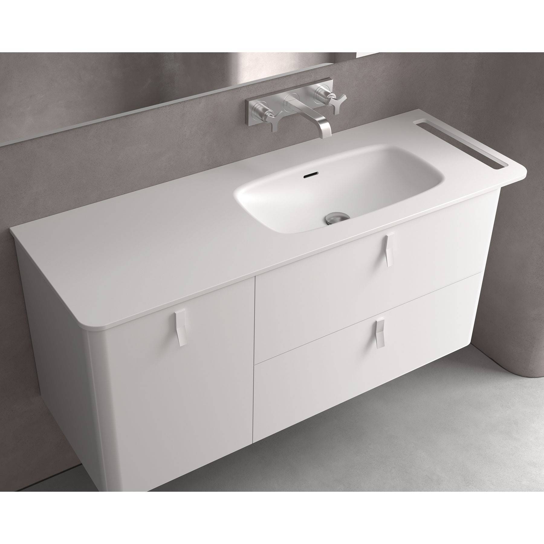 Weißes modernes Badezimmer-Waschtisch mit integriertem Waschbecken, wandmontierter Armatur und minimalistischem Design.