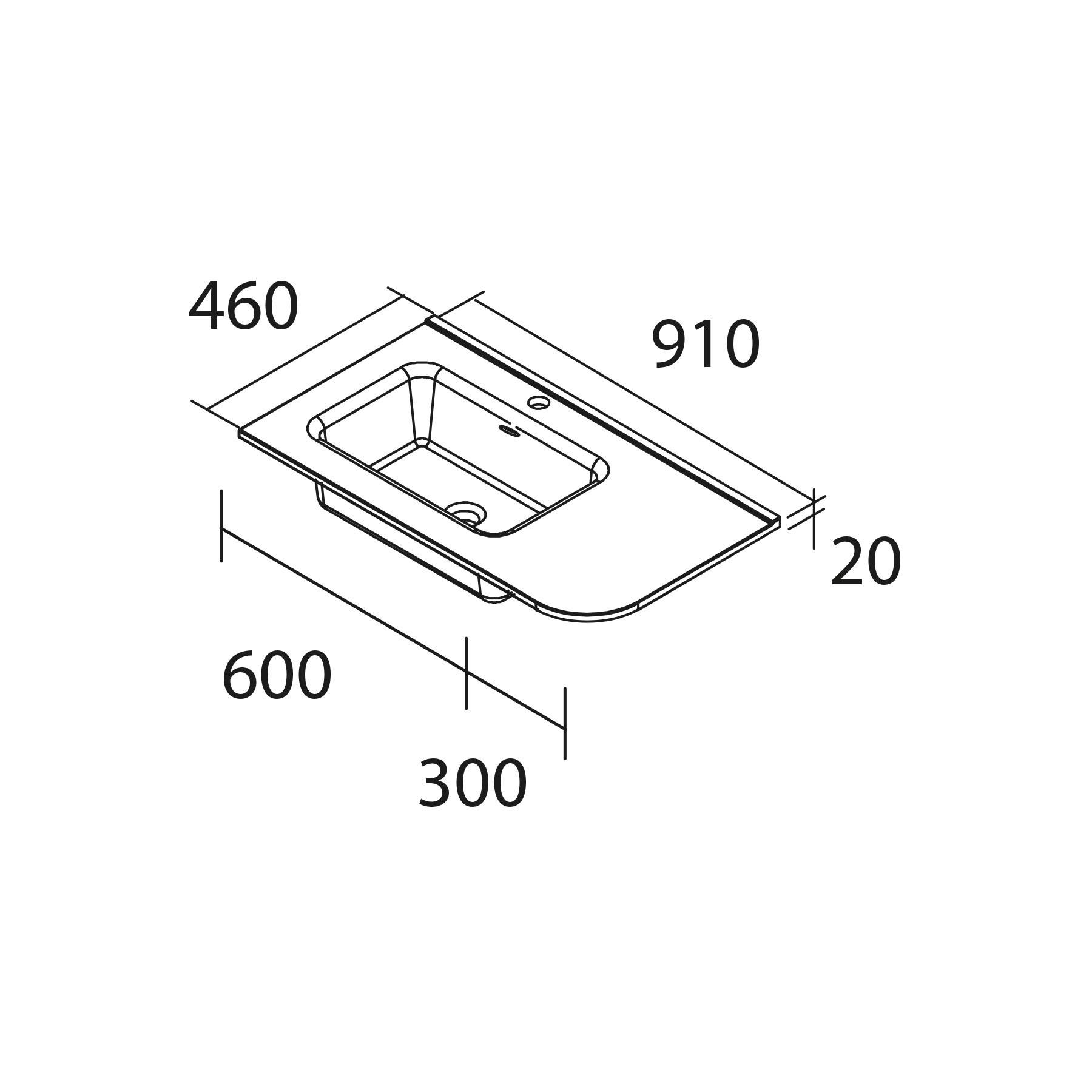 Schematische Zeichnung eines Waschbeckens mit Maßen: 460 x 910 mm für die Arbeitsplatte, Beckentiefe von 20 mm und Einbaubereich von 600 x 300 mm.
