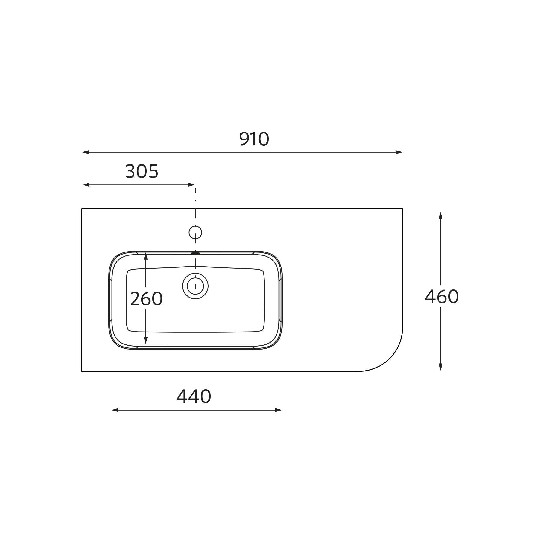 Technische Zeichnung eines Waschbeckens mit Maßen: Breite 910 mm, Tiefe 460 mm, Beckenbreite 440 mm, Beckentiefe 260 mm, Wasserhahlloch 305 mm vom Rand entfernt.