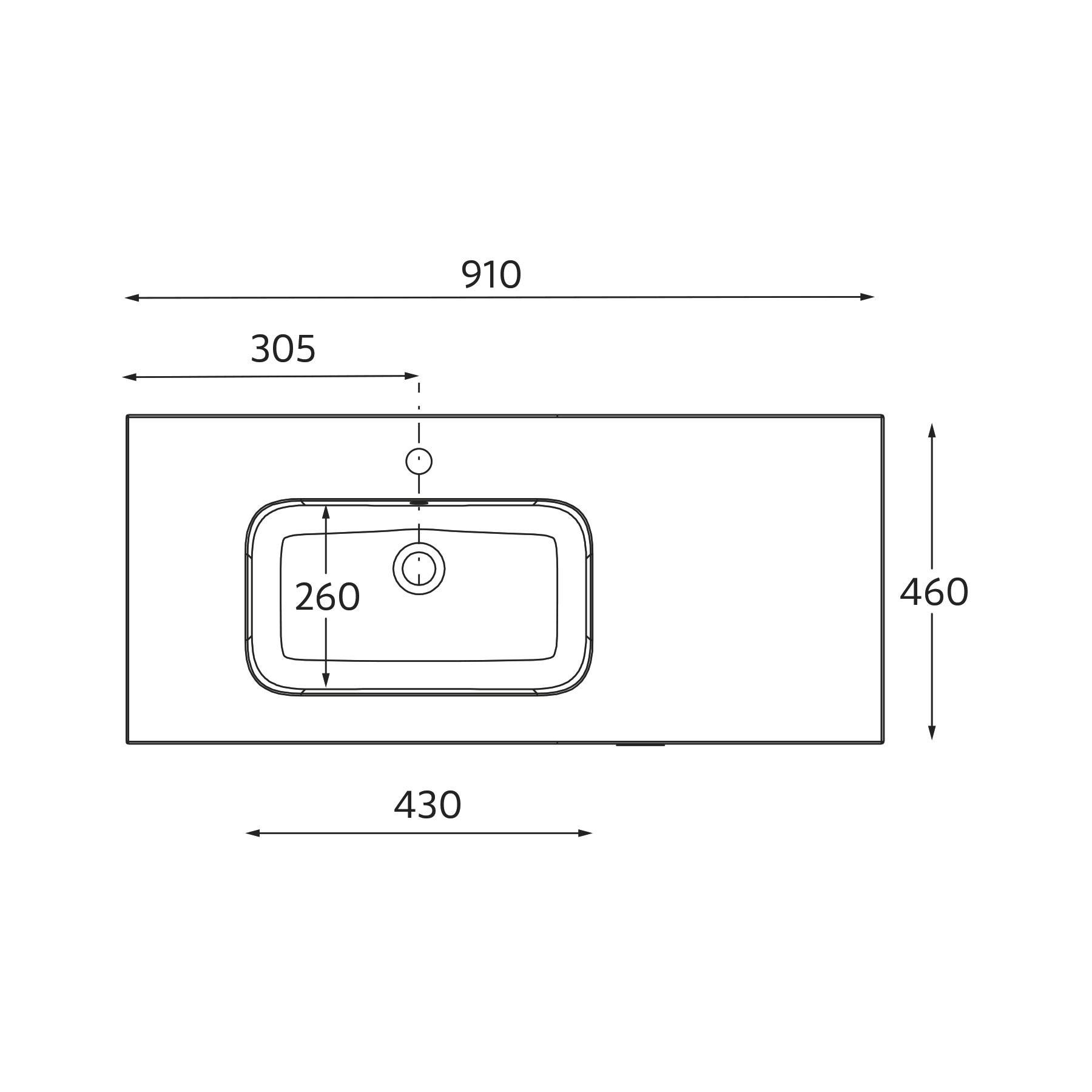Technische Zeichnung einer rechteckigen Waschbeckenanlage, Abmessungen beschriftet: Breite 910 mm, Tiefe 460 mm, Becken 260 mm von links