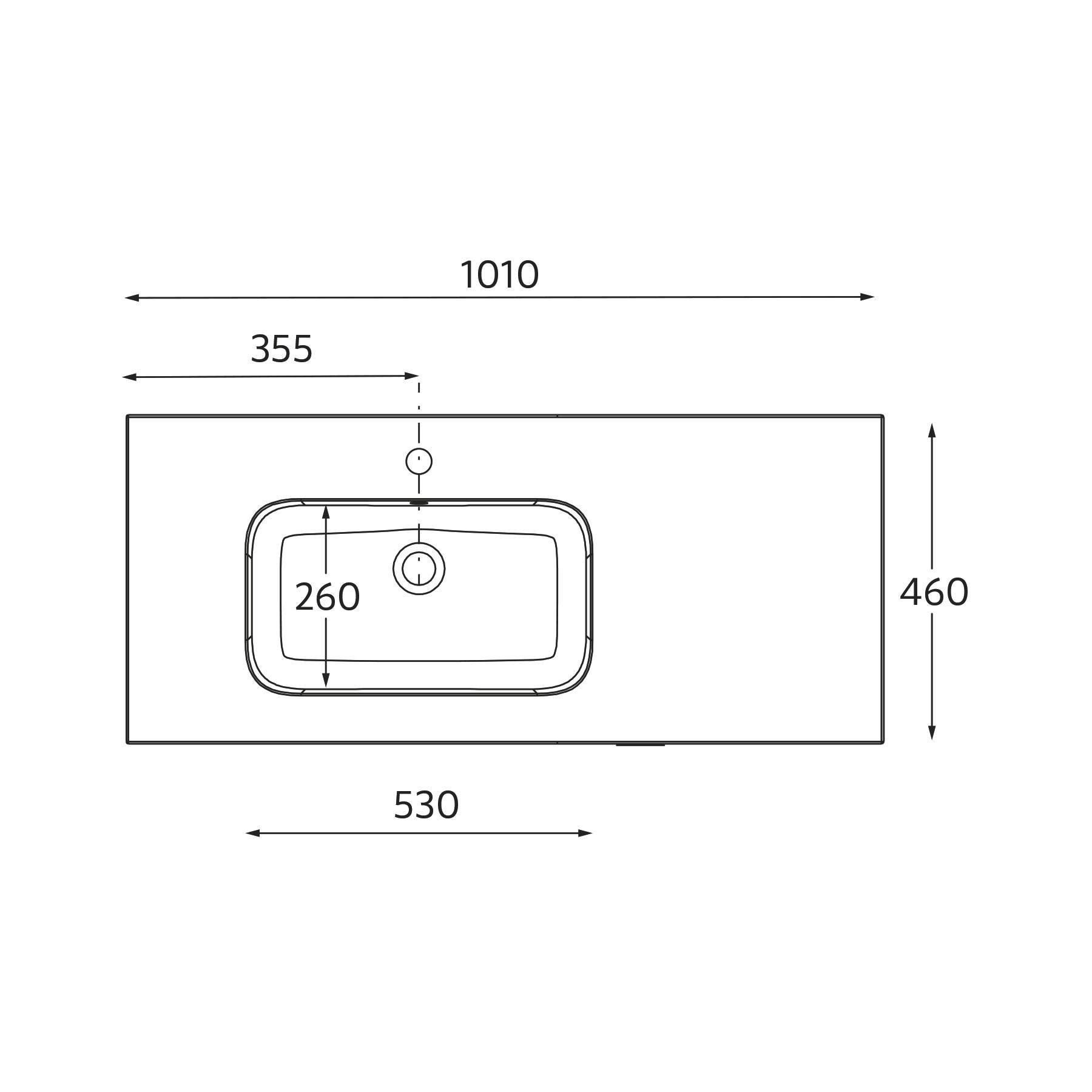 Diagramm einer rechteckigen Arbeitsplatte mit Spüle. Maße sind angegeben: Gesamtbreite 1010 mm, Arbeitsfläche Tiefe 460 mm, Spülenbreite 530 mm, Spülentiefe 355 mm und zentraler Abstand 260 mm.