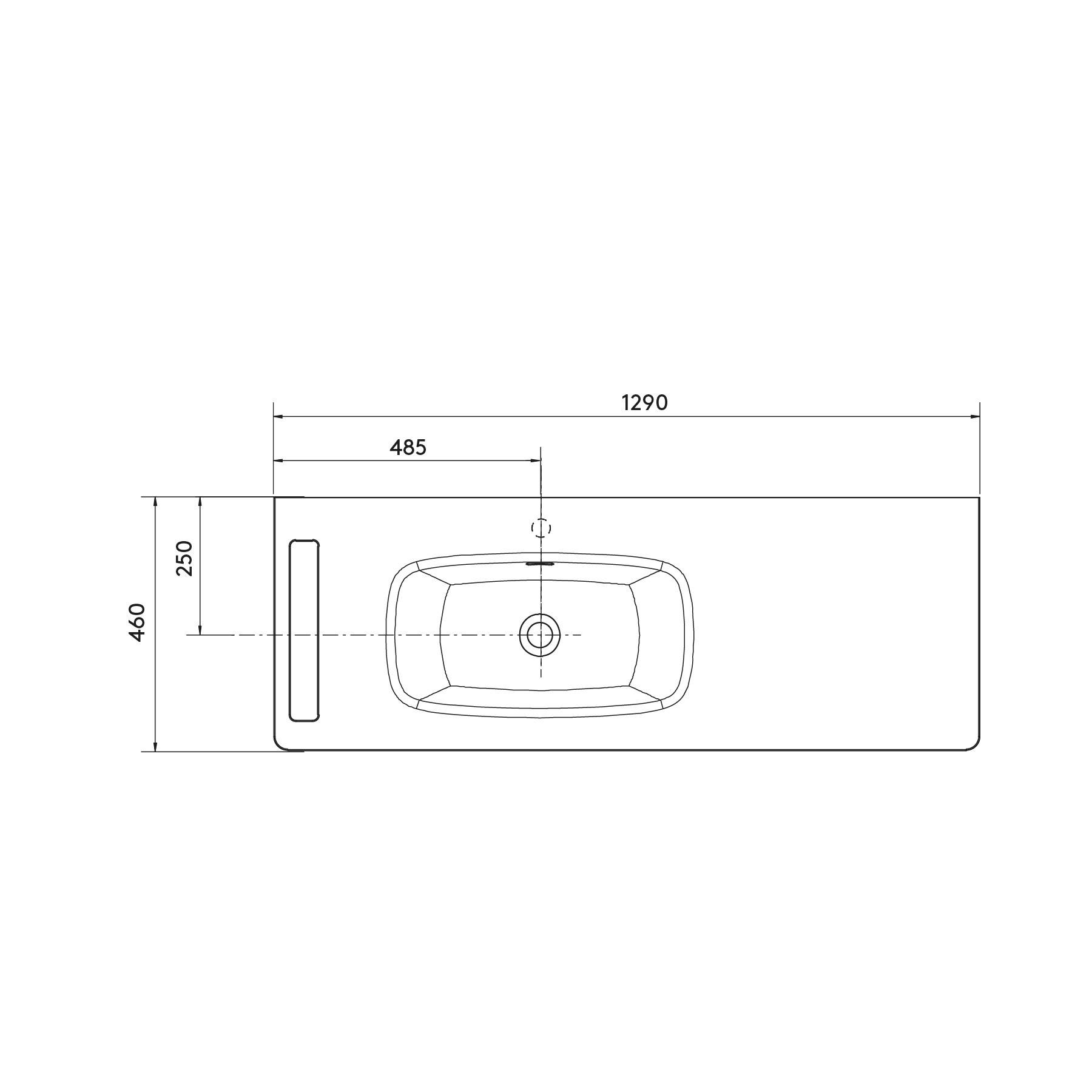 Technische Zeichnung eines rechteckigen Waschbeckens mit Abmessungen: 1290 mm Breite, 460 mm Tiefe. Becken zentral positioniert bei 485 mm.