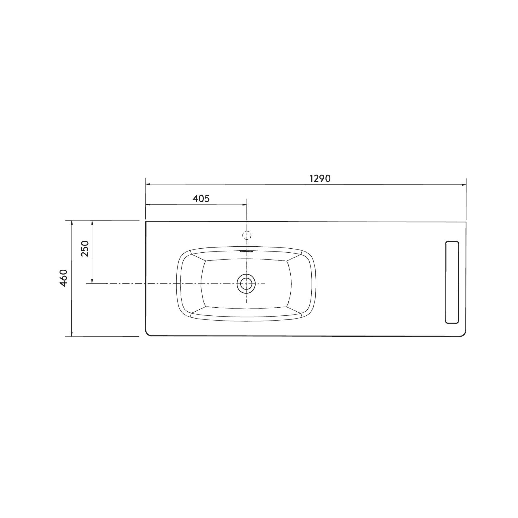 Diagramm zur Darstellung der Abmessungen eines rechteckigen Aufsatzbeckens: 1290 mm breit und 460 mm tief, mit einem zentralen Becken von 405 mm Breite.