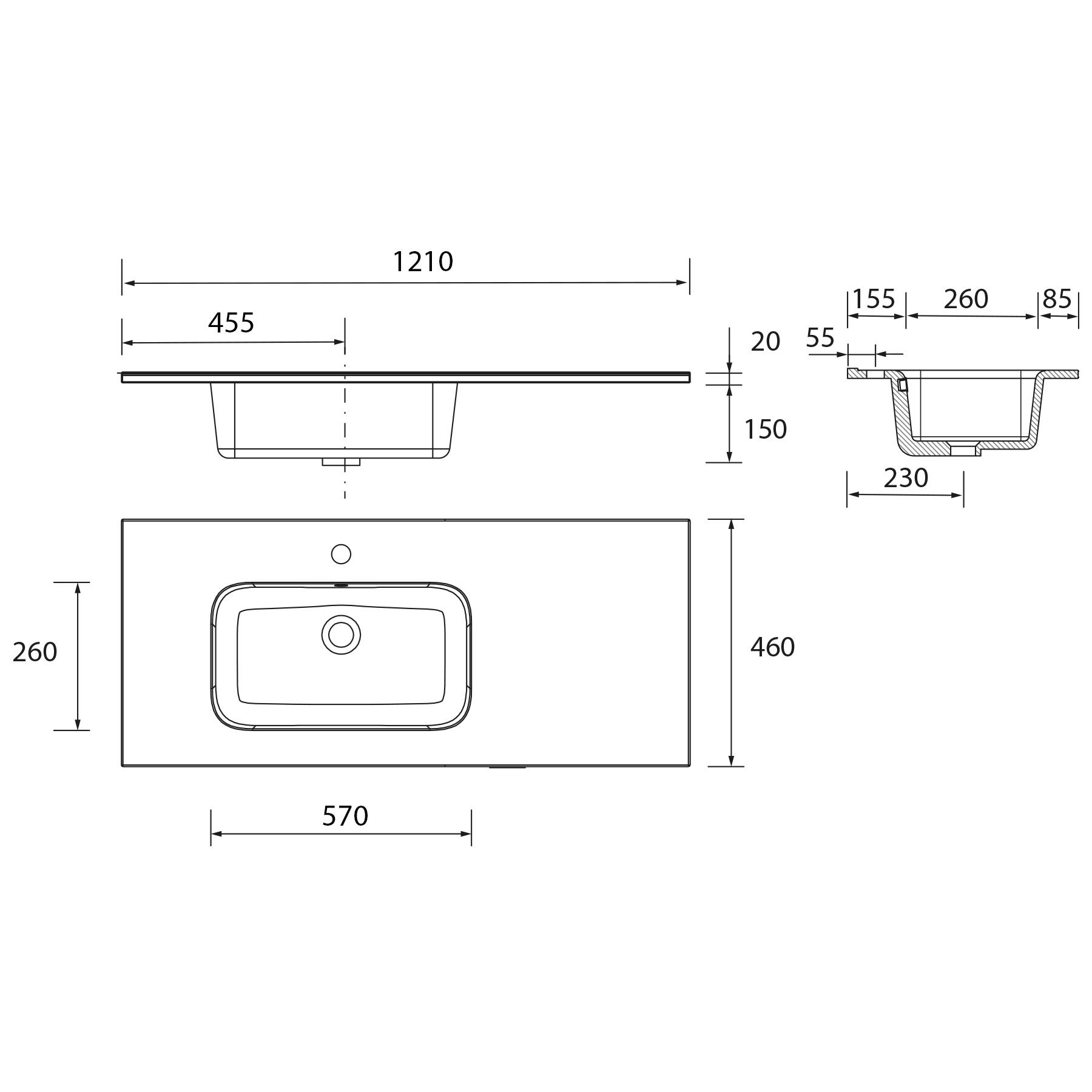Diagramm eines rechteckigen Waschbeckens mit Abmessungen: Obere Breite 1210 mm, Tiefe 455 mm, Beckentiefe 570 mm, Höhe 460 mm.