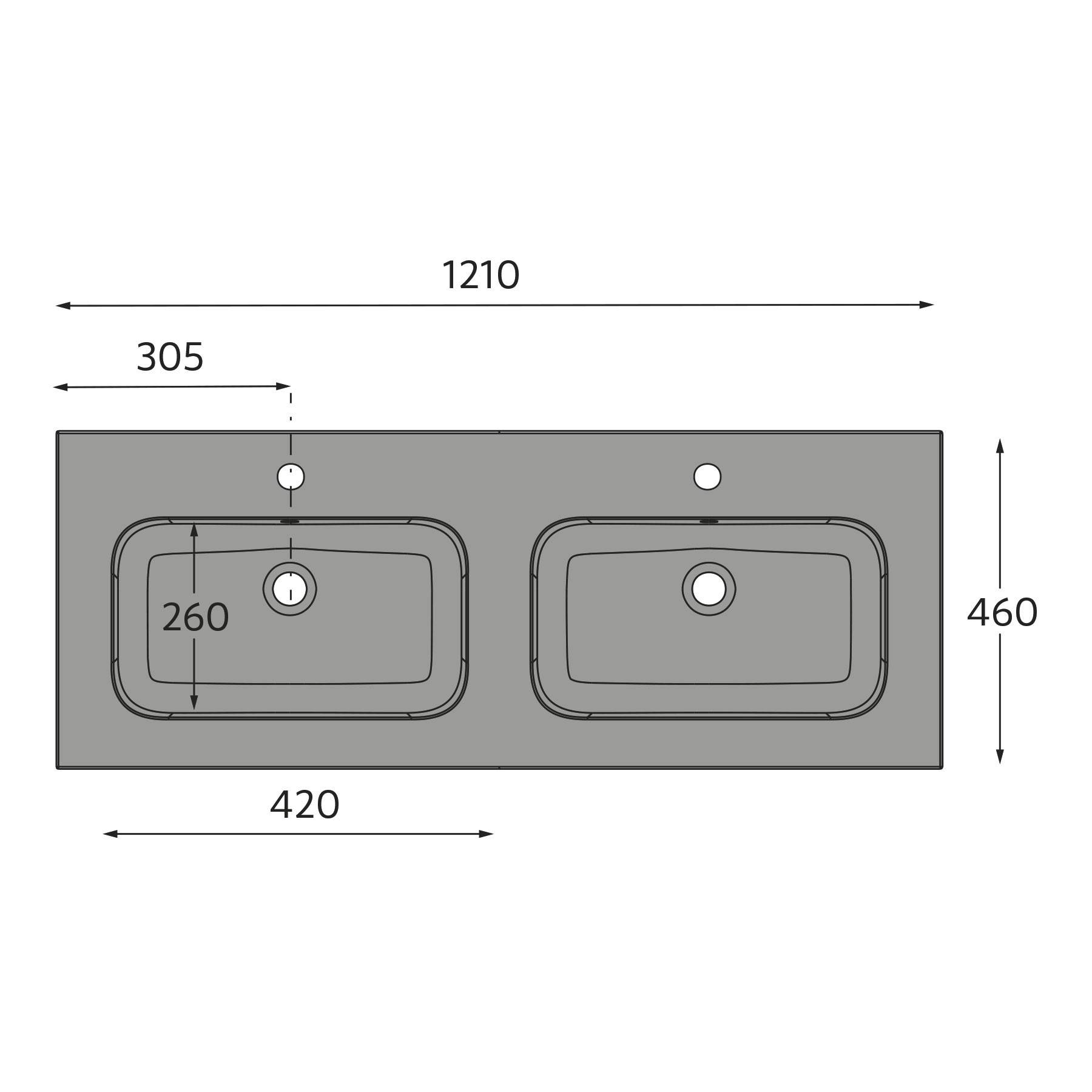 Technische Zeichnung eines Doppelwaschbeckens mit Maßen: Breite 1210 mm, Tiefe 460 mm, Becken 420 mm breit und 260 mm tief.